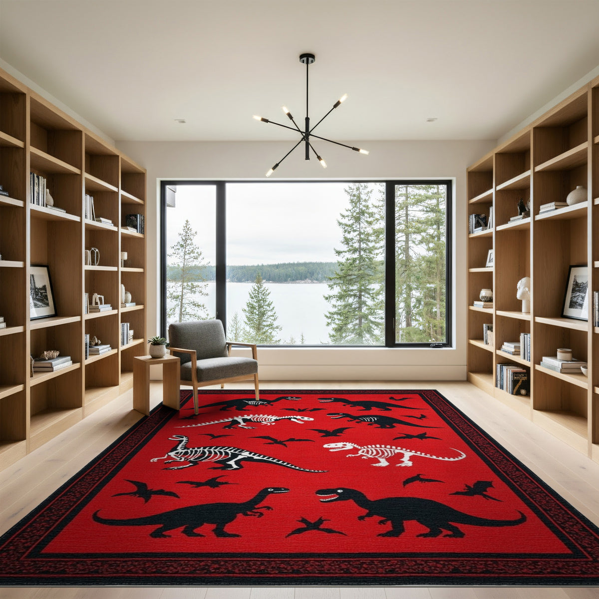 Red Dinosaur Skeleton Kids Area Rug