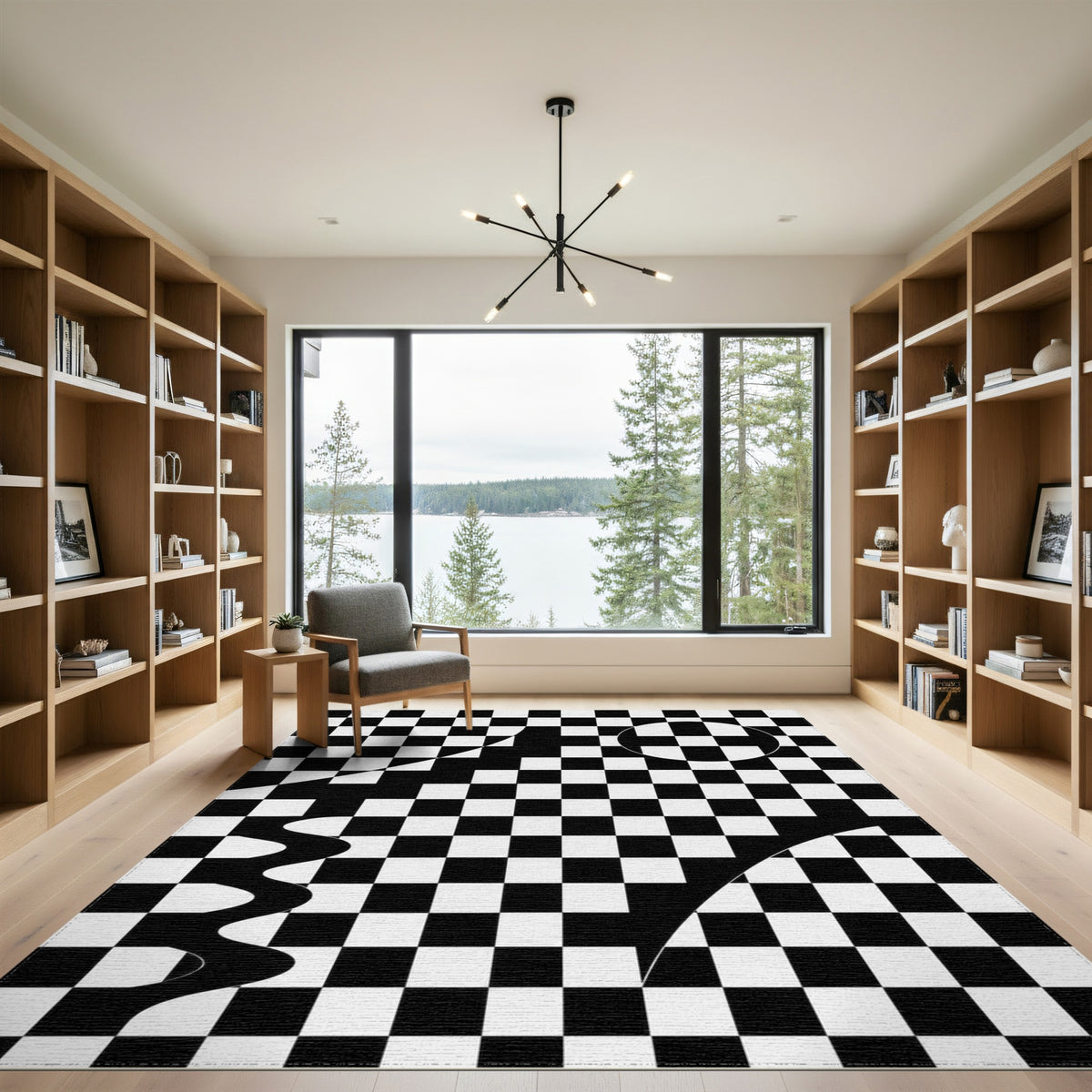 Black White Geometric Checkerboard Wave Area Rug
