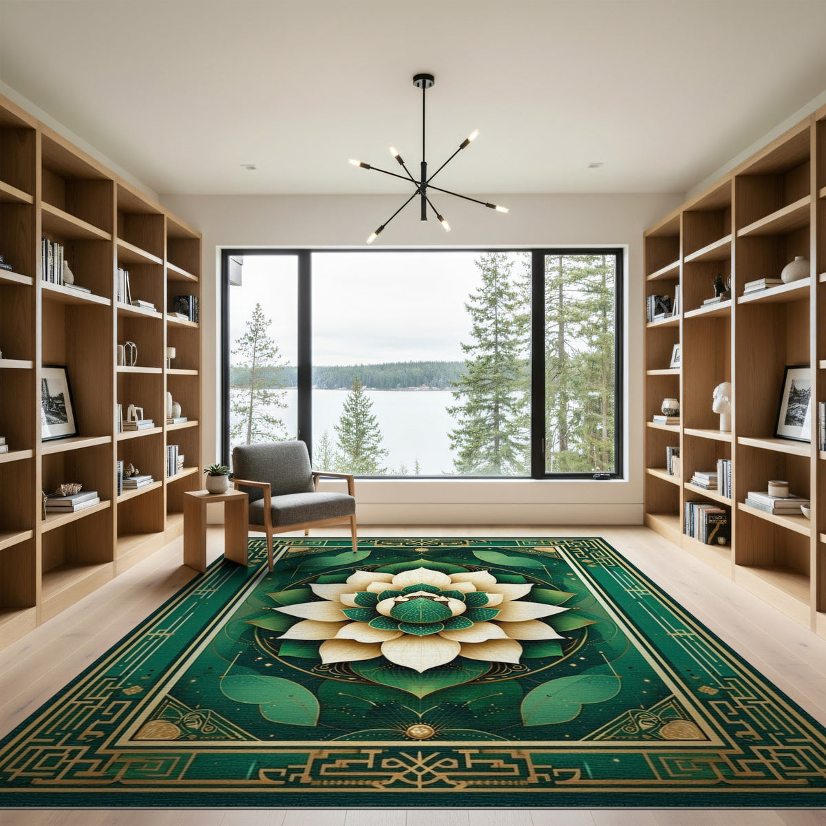 Floral Vintage Green Lotus Floral Area Rug