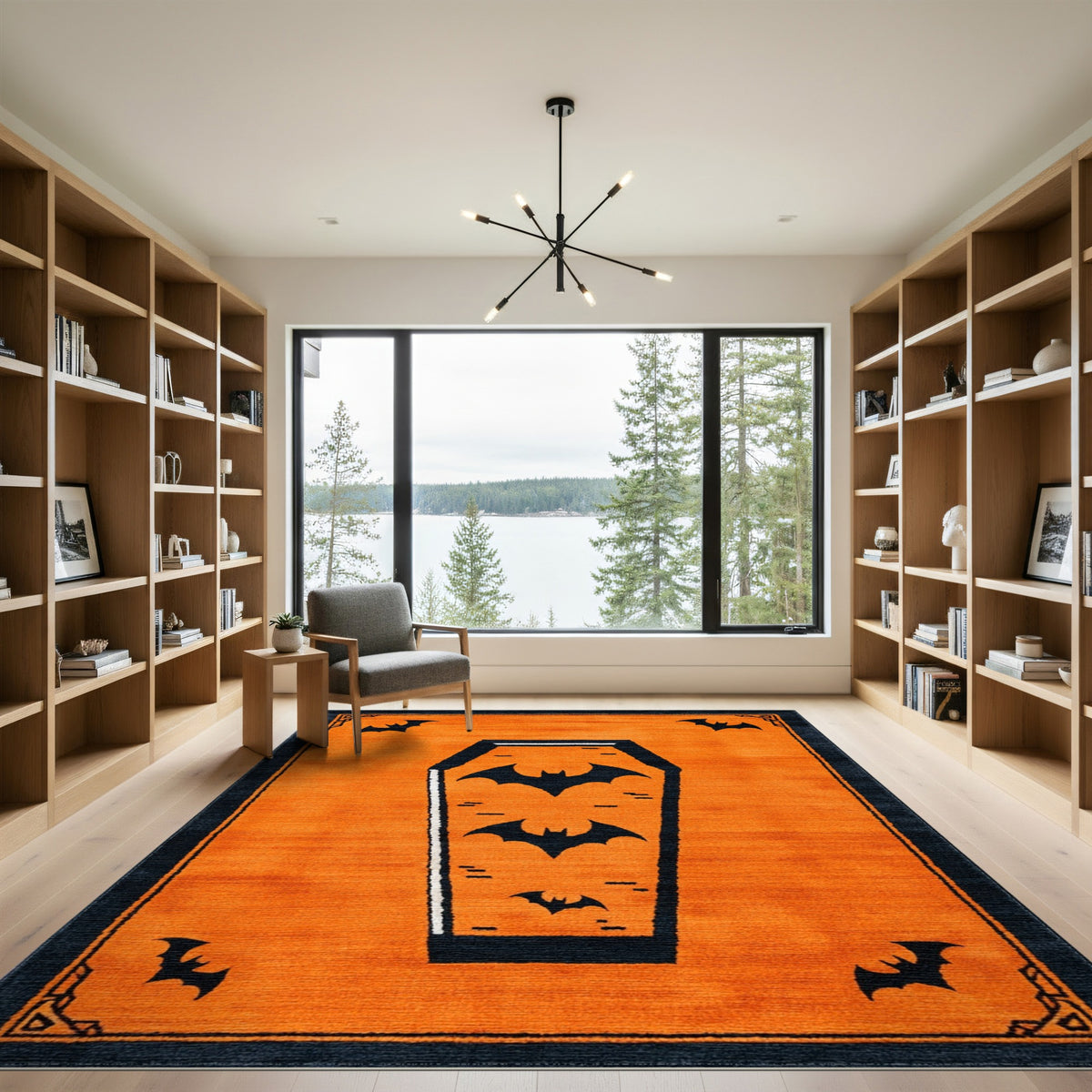 Halloween Orange Coffin Bat Area Rug
