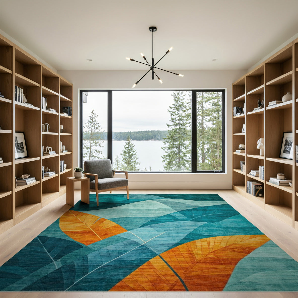 Teal Blue Abstract Leaf Area Rug