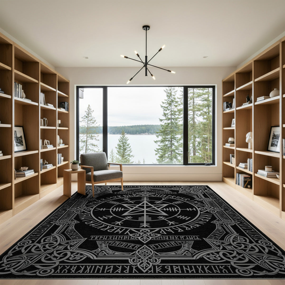 Black White Norse Rune Pentagram Area Rug