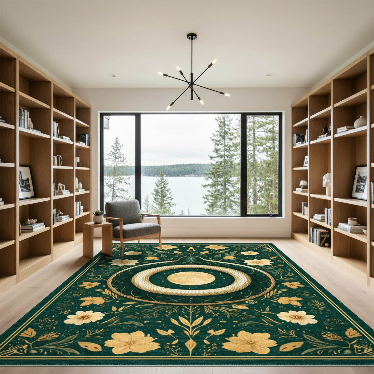 Golden Serpent Moon Floral Green Area Rug