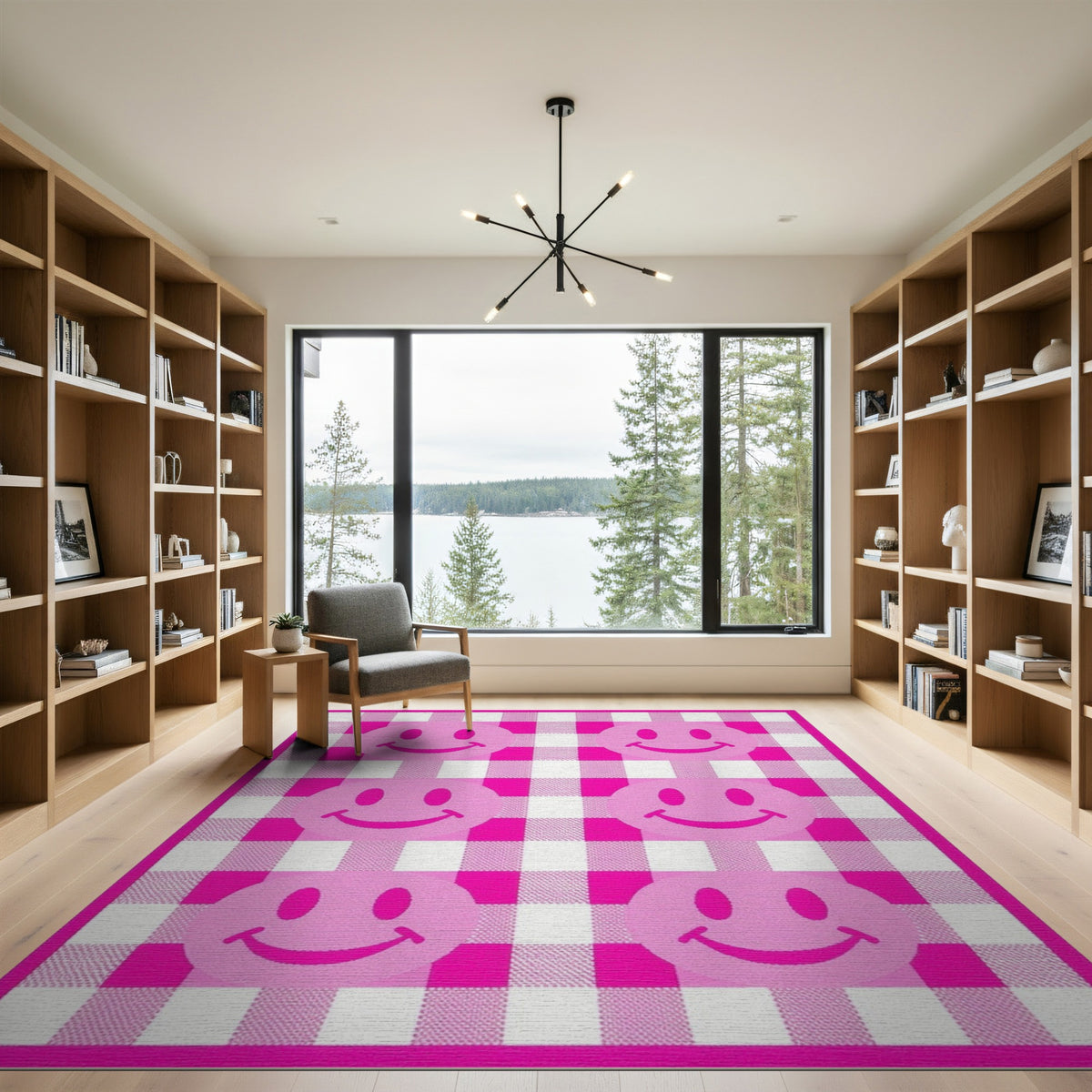 Pink Smiley Face Gingham Washable Area Rug