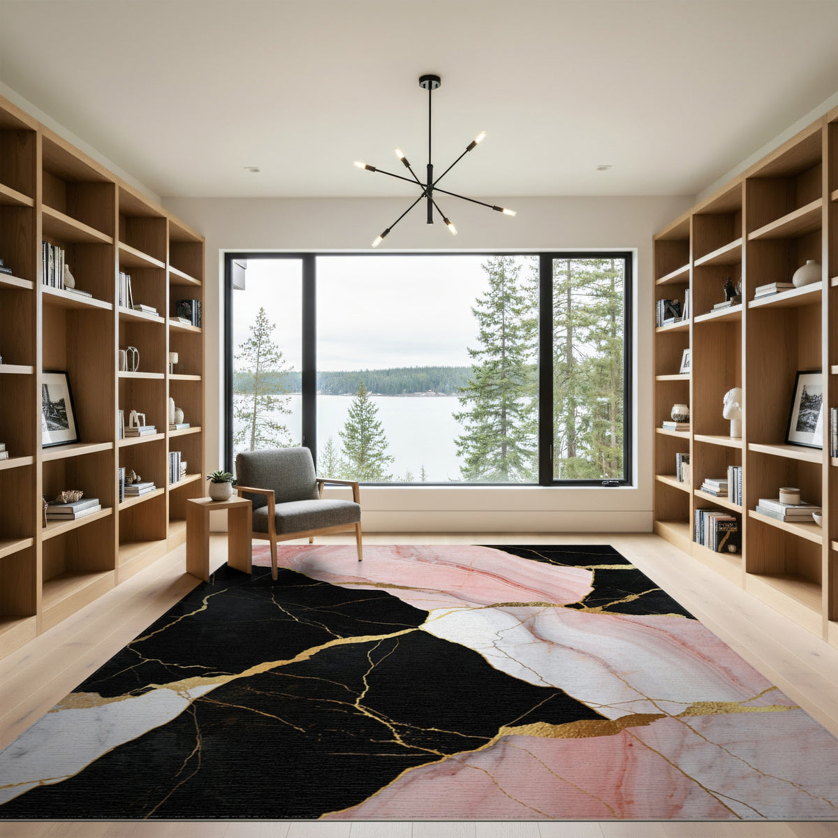 Pink Marble Gold Abstract Pink Area Rug