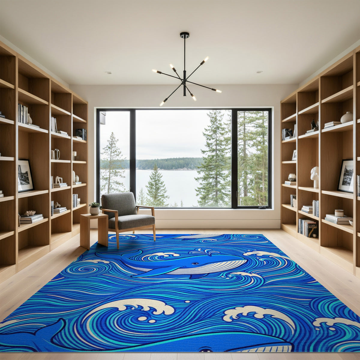 Blue Whale Ocean Waves Washable Area Rug