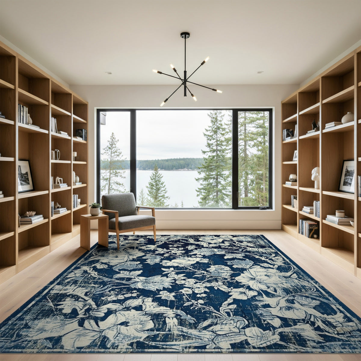 Navy Blue Floral Distressed Vintage Area Rug