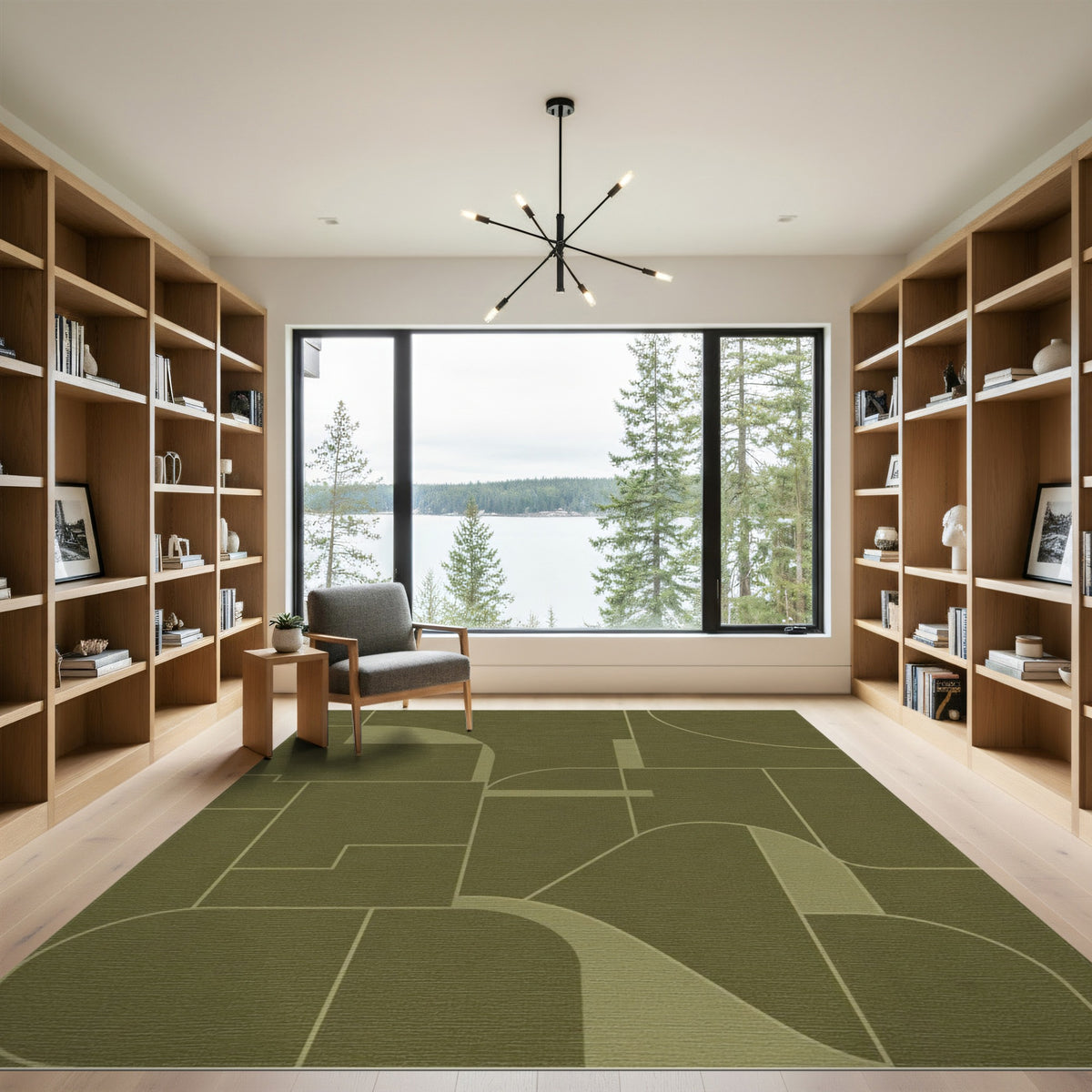 Green Olive Green Geometric Area Rug