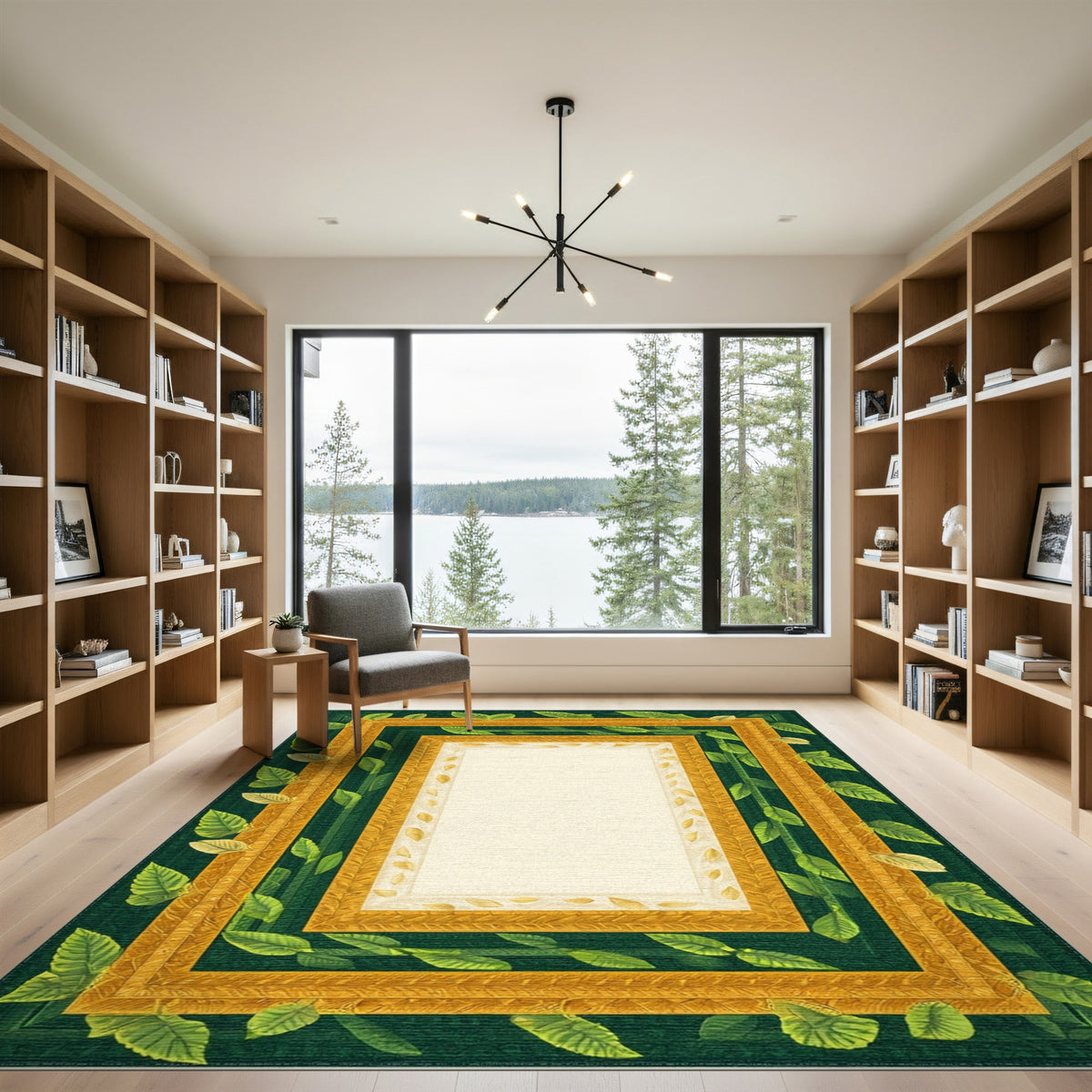 Green Gold Leaf Ornate Frame Area Rug