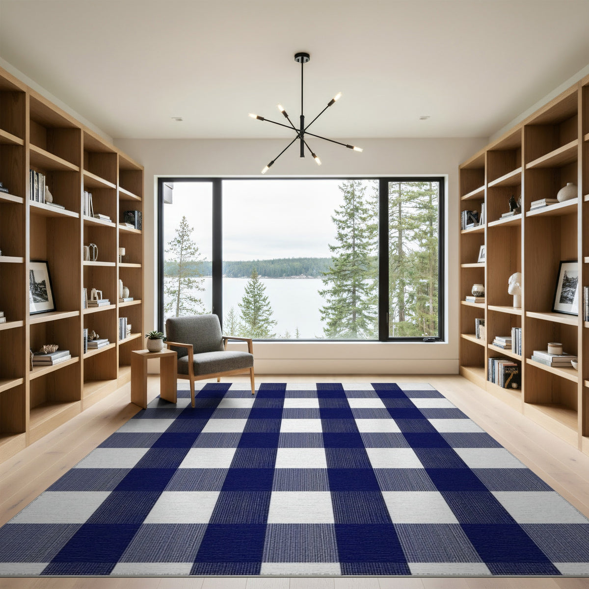 Washable Geometric Modern Navy Blue Checkered Washable Area Rug