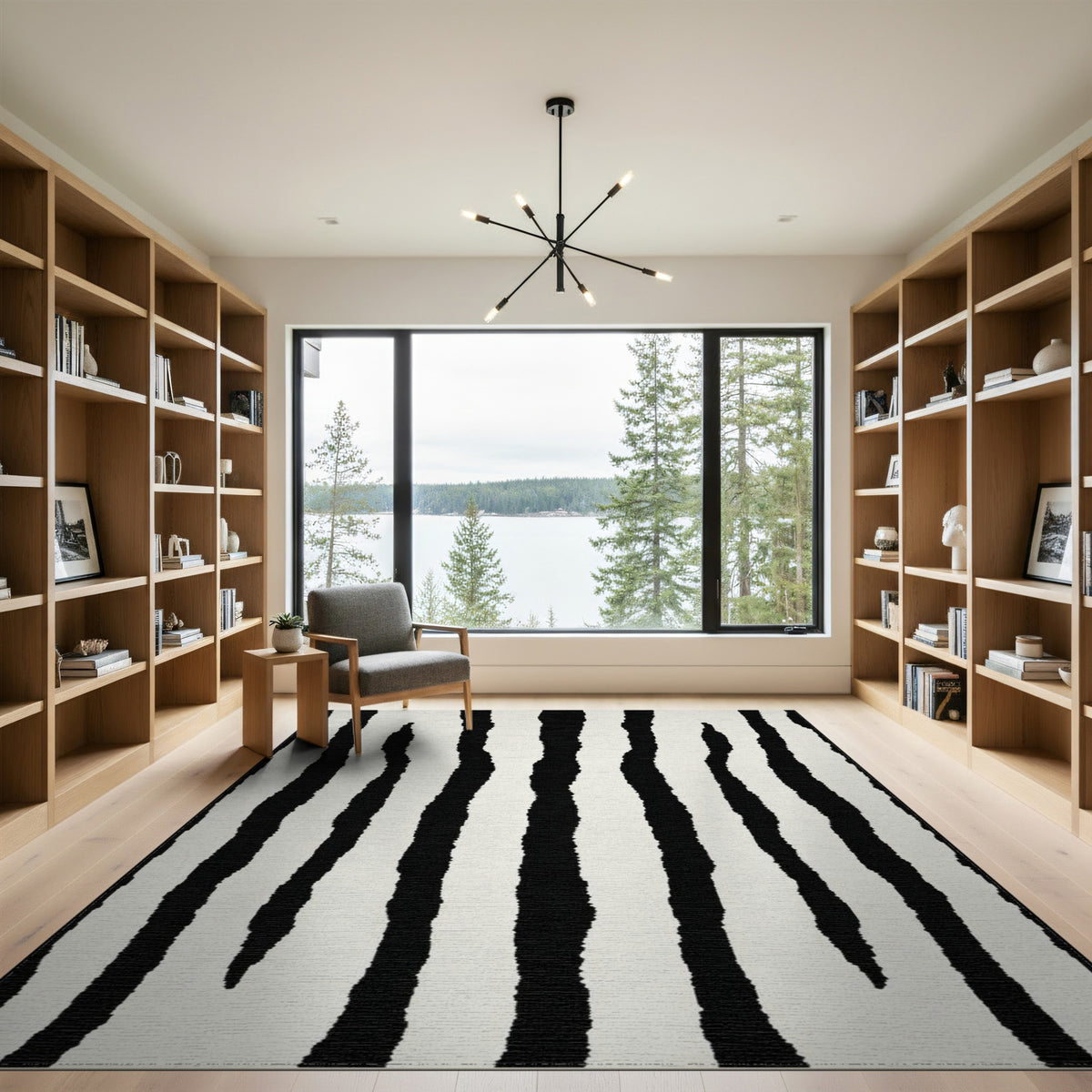 Bold Black White Abstract Striped Area Rug