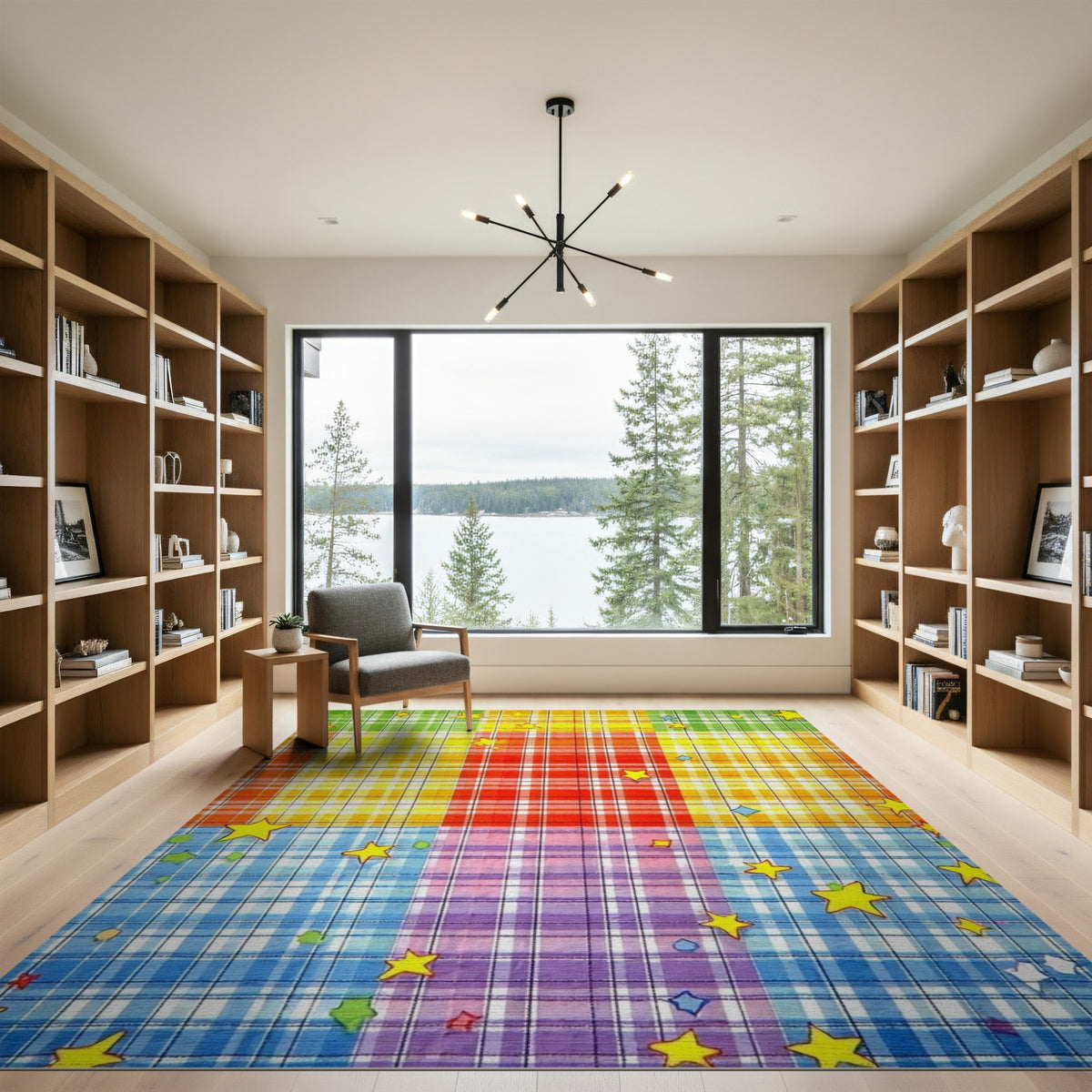 Rainbow Plaid Star Kids Area Rug