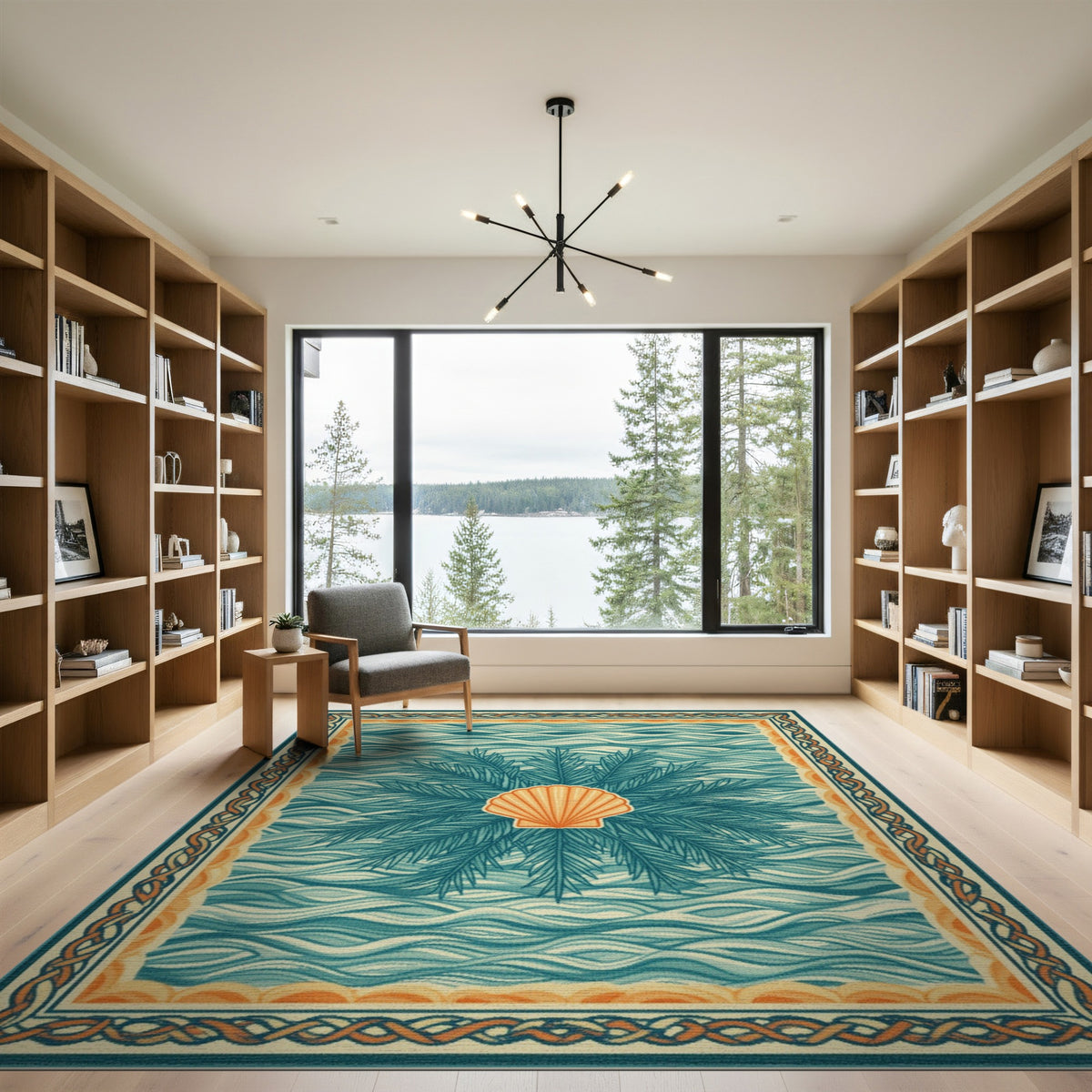 Blue and Teal Coastal Seashell Wave Area Rug