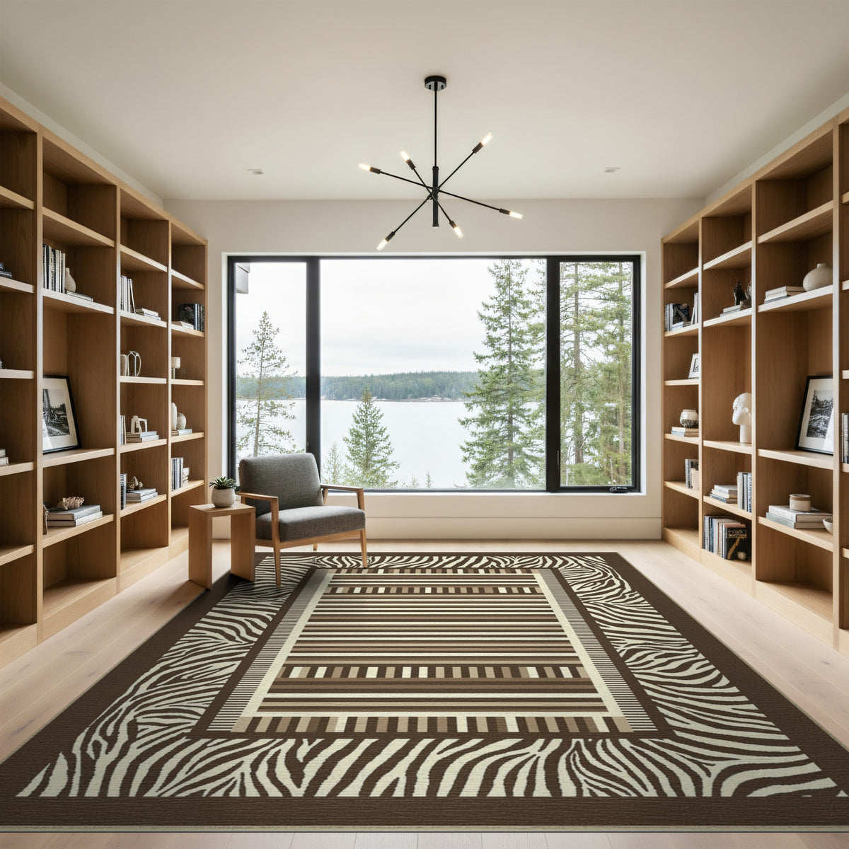 Brown Zebra Border Geometric Striped Area Rug