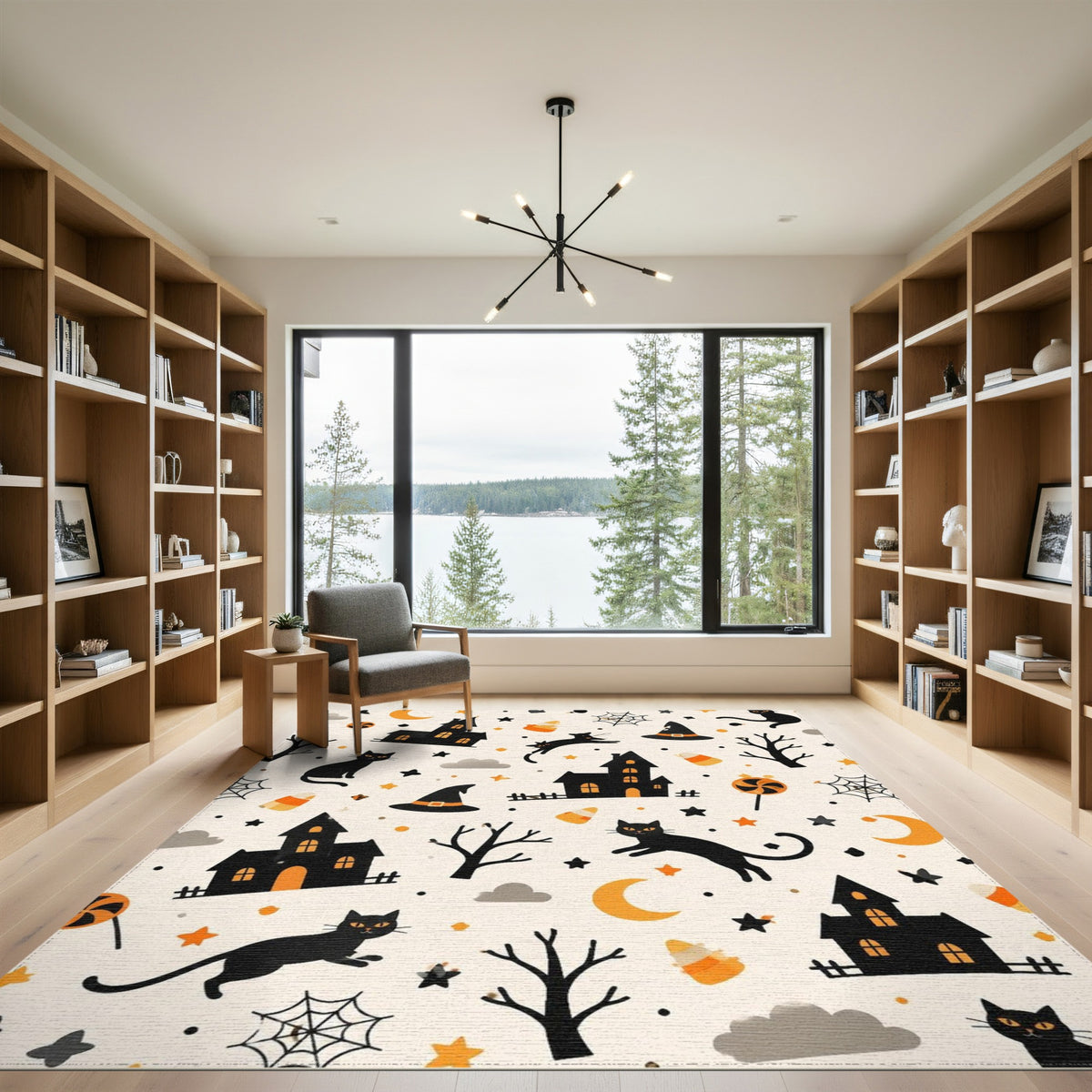 Multi-color and Patterns Spooky Black Cat Halloween Area Rug