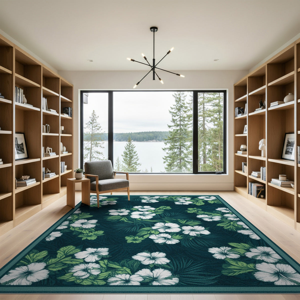 Blue and Teal Hibiscus Floral Area Rug
