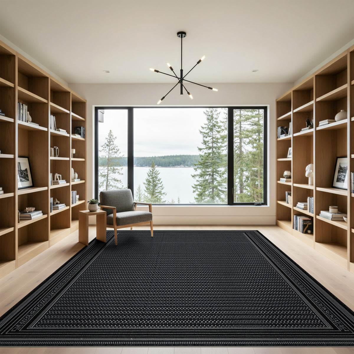 Black White Ornate Border Area Rug