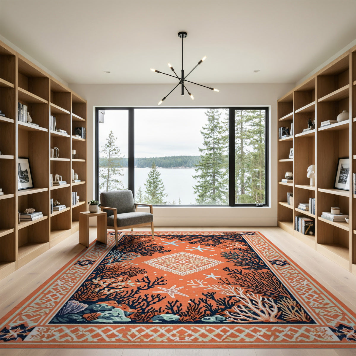 Orange Coral Starfish Coastal Area Rug
