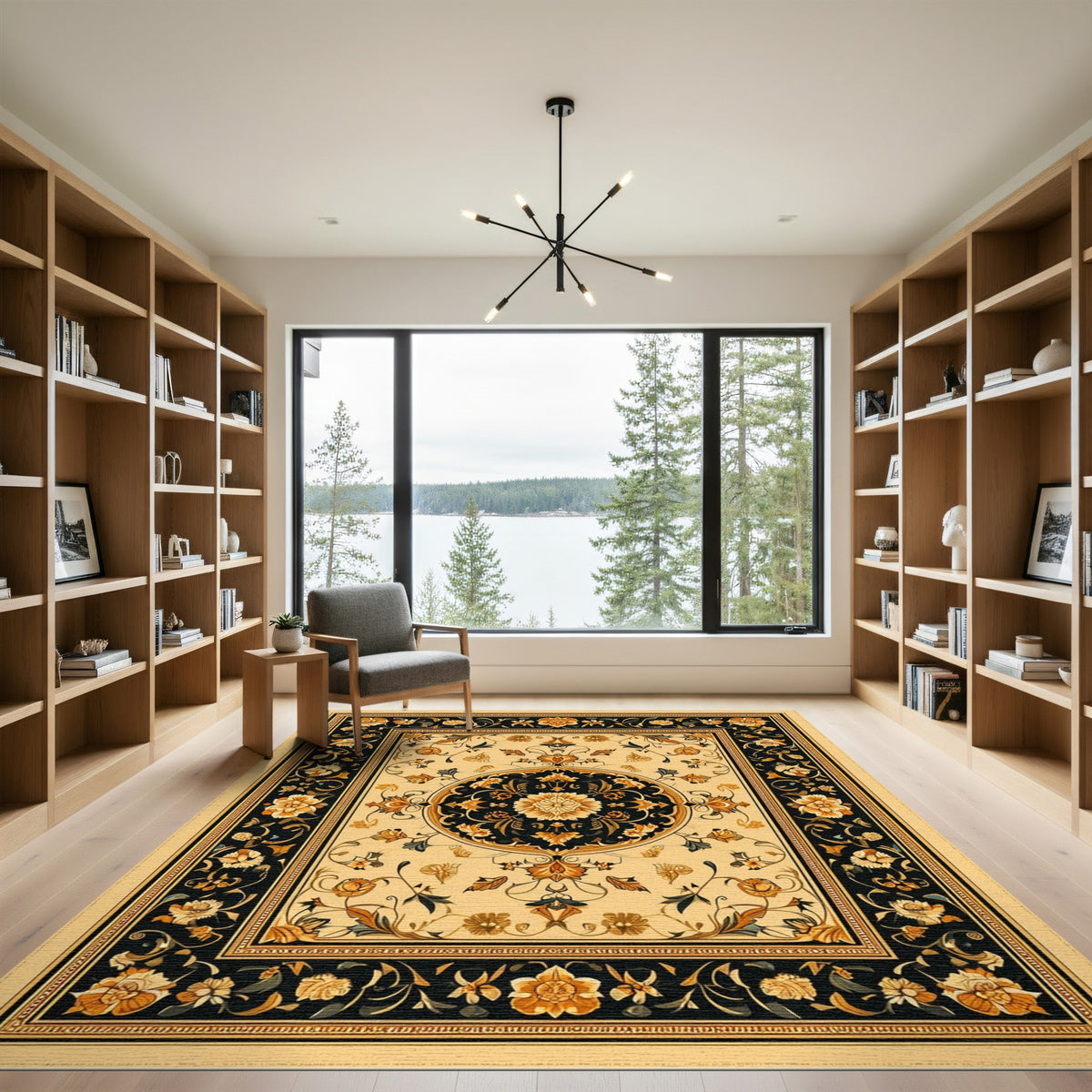 Black and Gold Persian Floral Medallion Rug