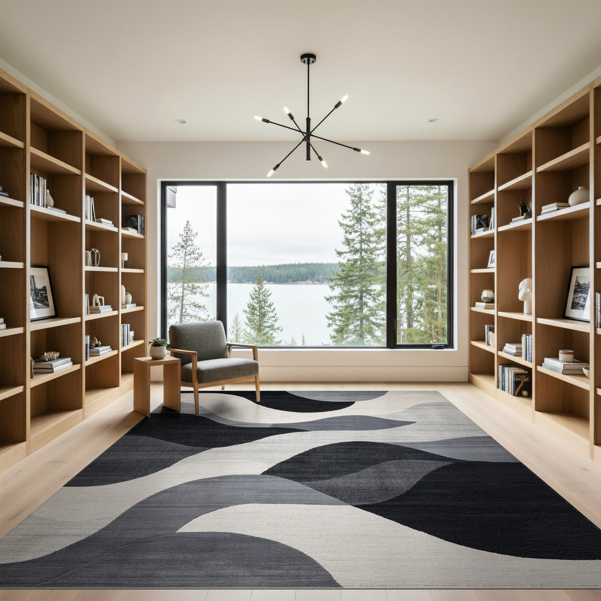 Wave Black White Abstract Wave Area Rug