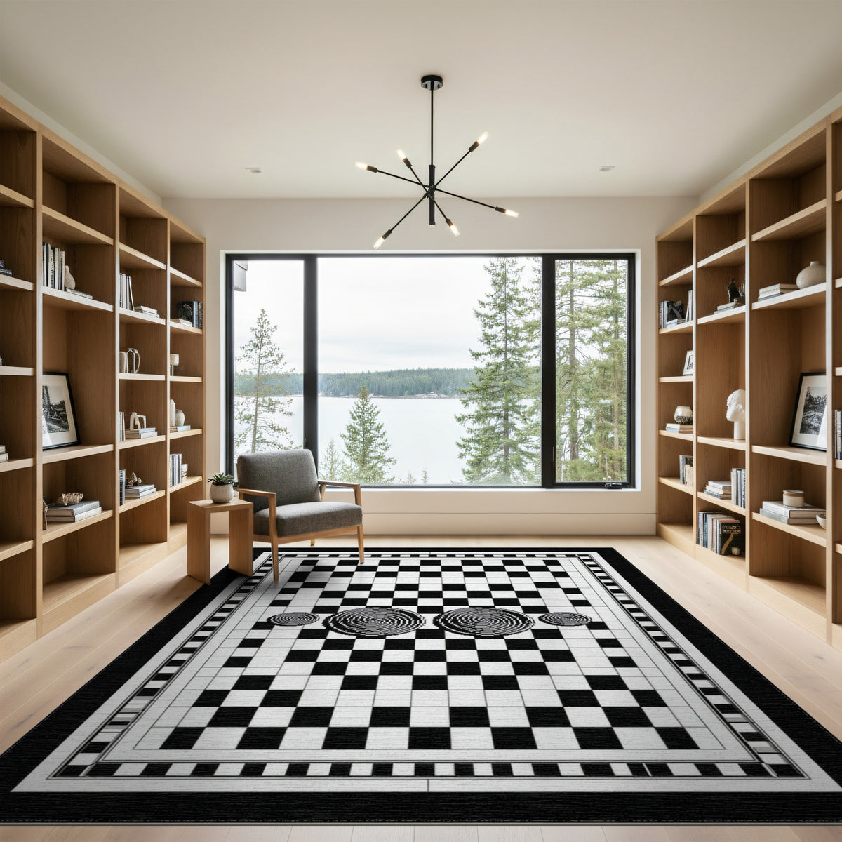Black White Checkerboard Spiral Area Rug