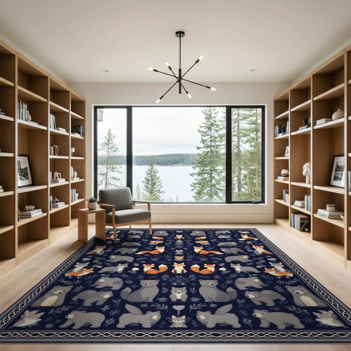 Navy Blue Woodland Animals Kids Area Rug