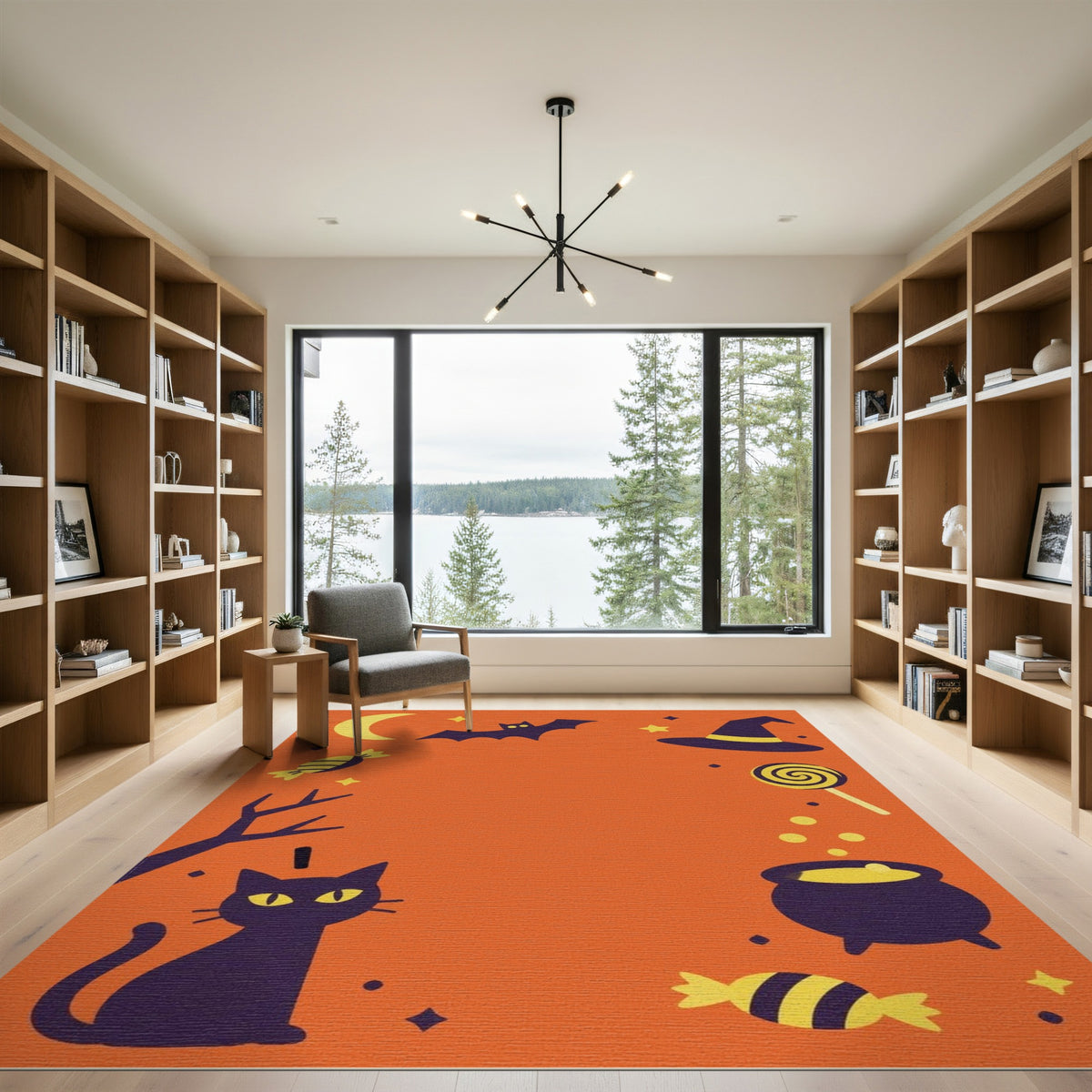Orange Halloween Cat Bat Kids Cartoon Rug