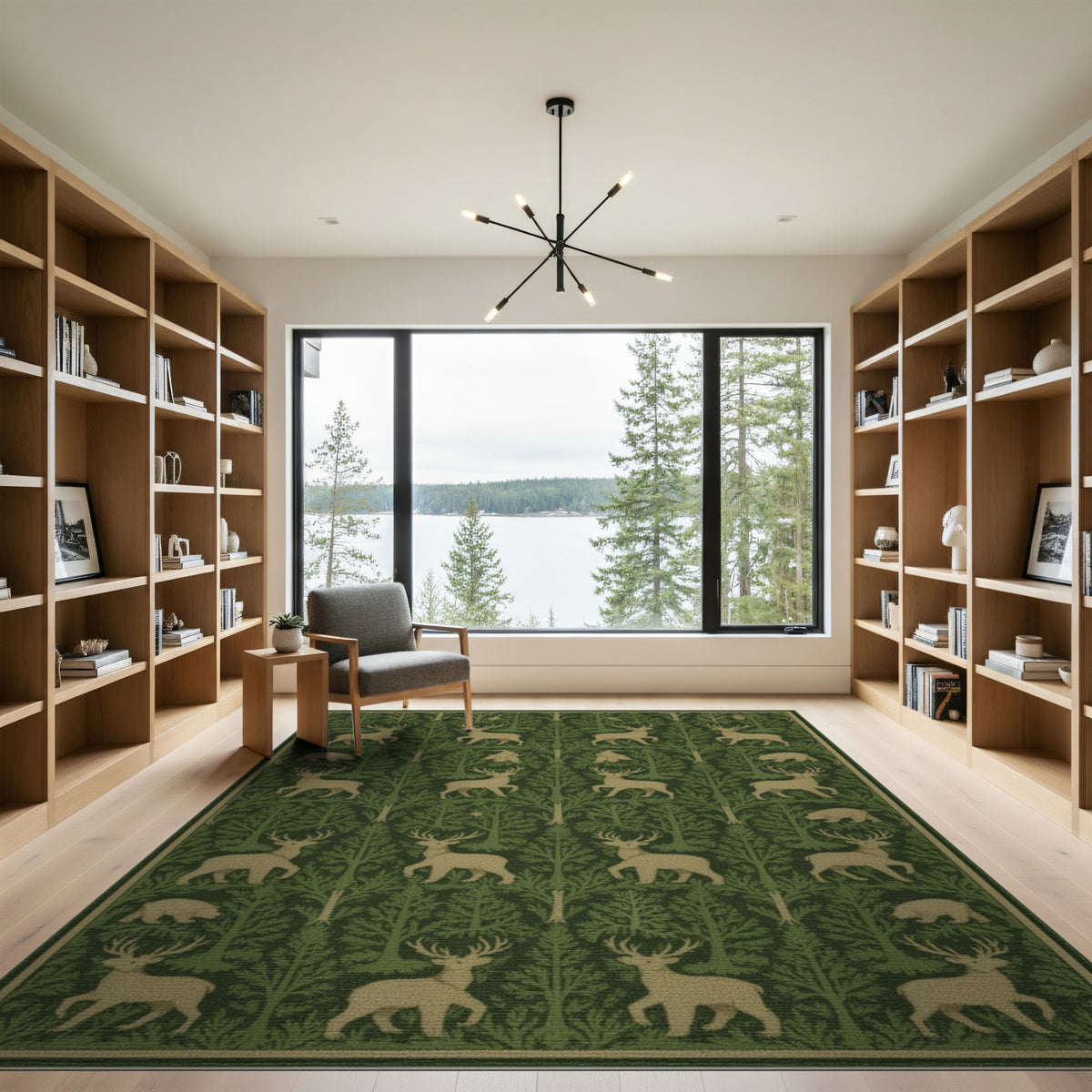 Green Forest Deer Bear Rustic Area Rug