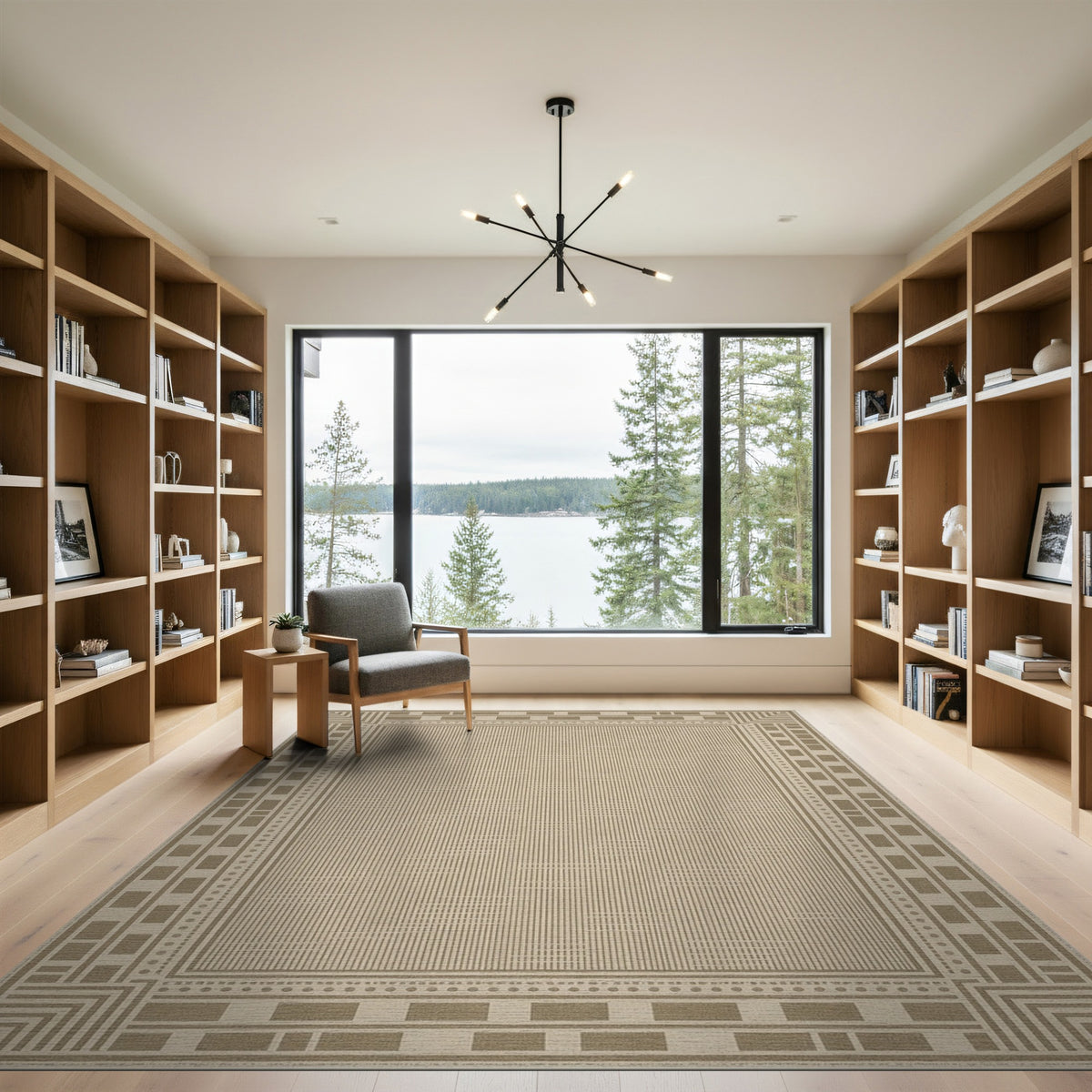 Beige and Neutral Border Beige Geometric Border Area Rug