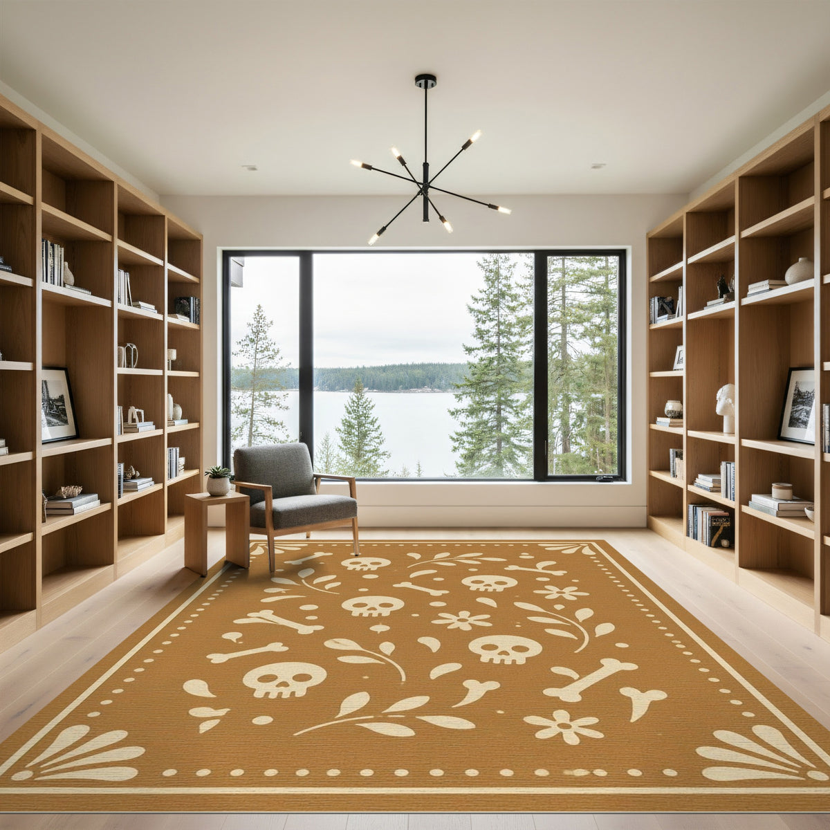 Brown Skull Floral Washable Area Rug