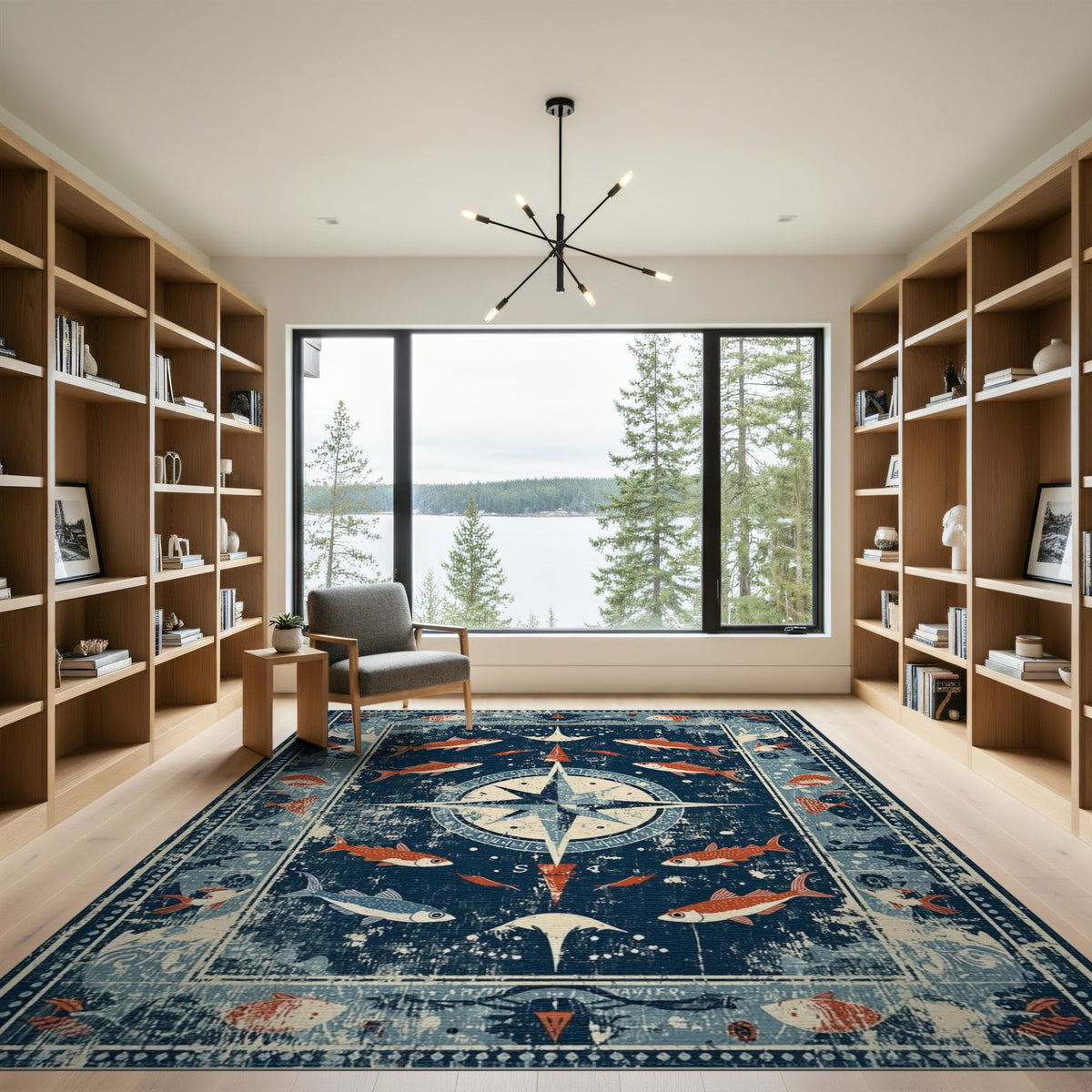 Distressed Nautical Compass Fish Area Rug