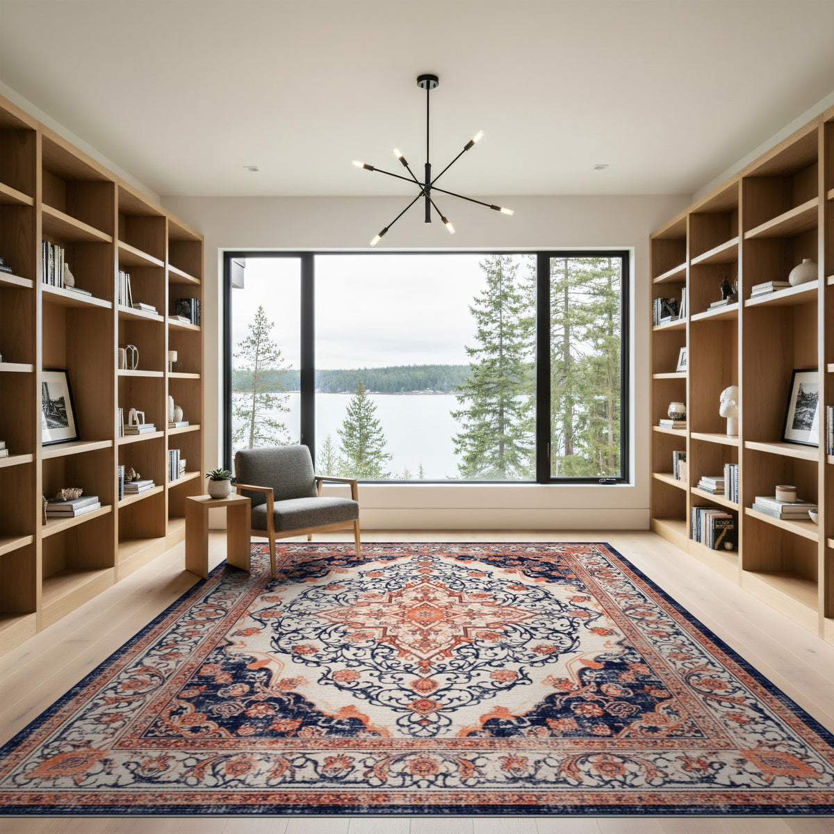 Navy Blue Orange Persian Medallion Rug