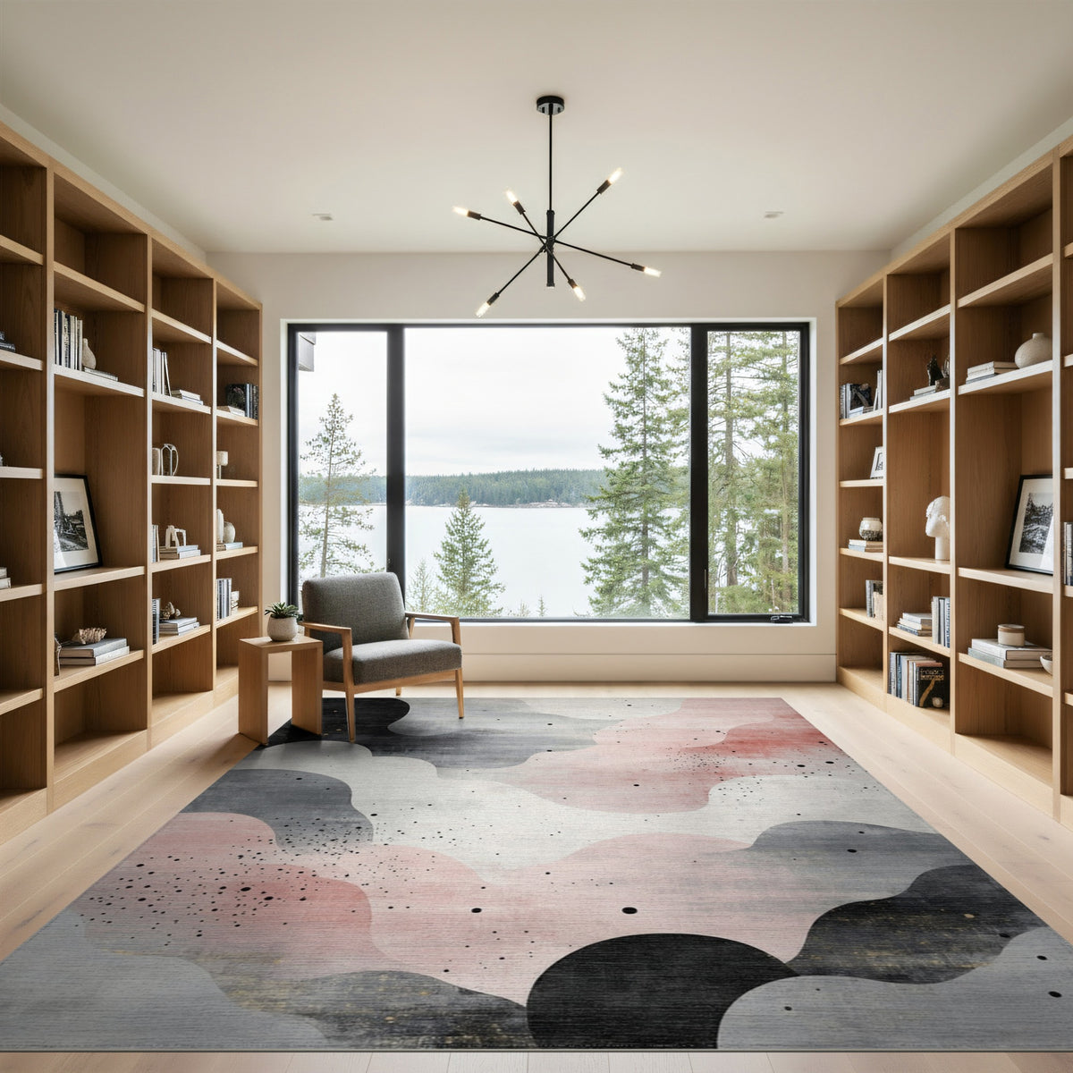 Abstract Wave Pink Black Area Rug