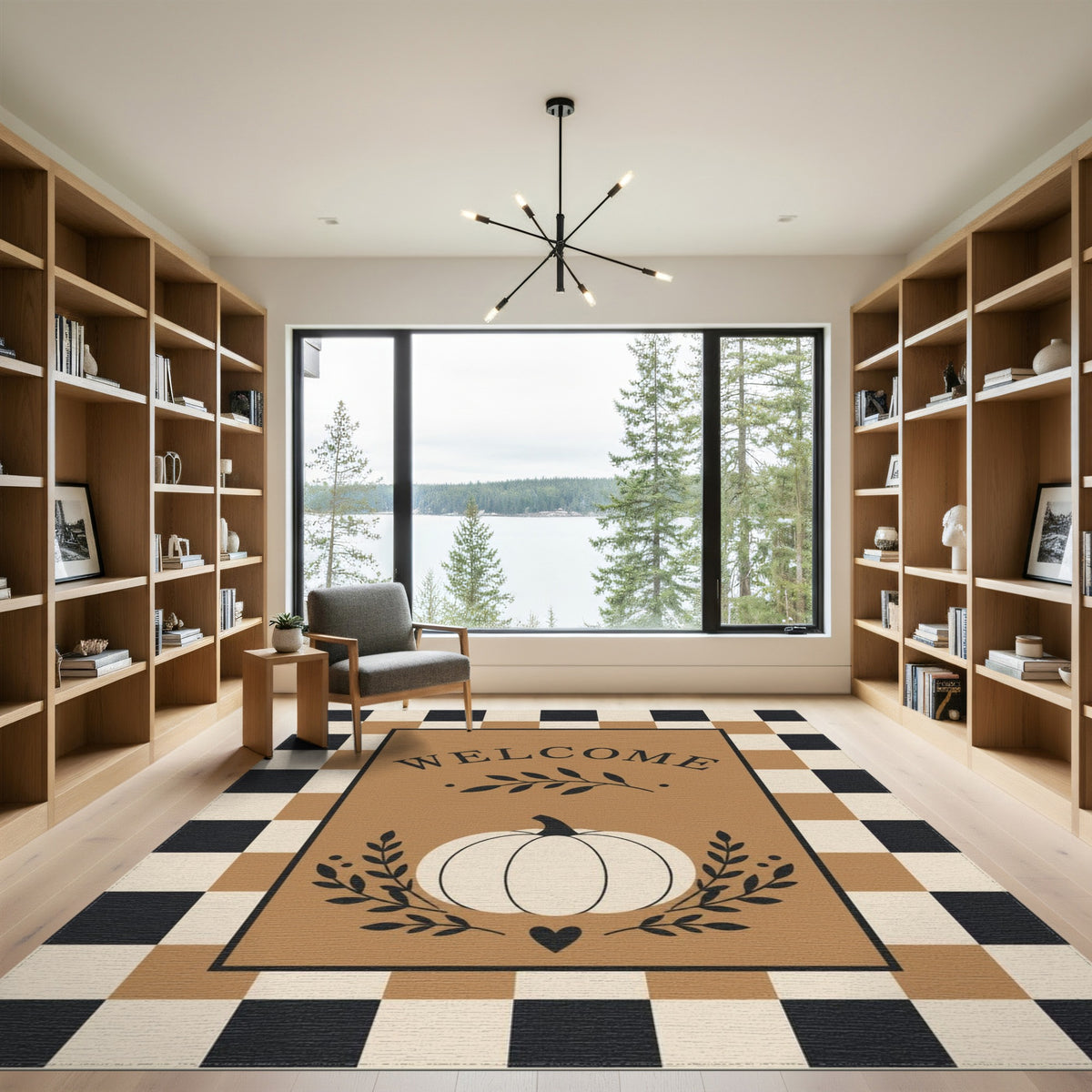 Pumpkin Welcome Checkered Brown Area Rug