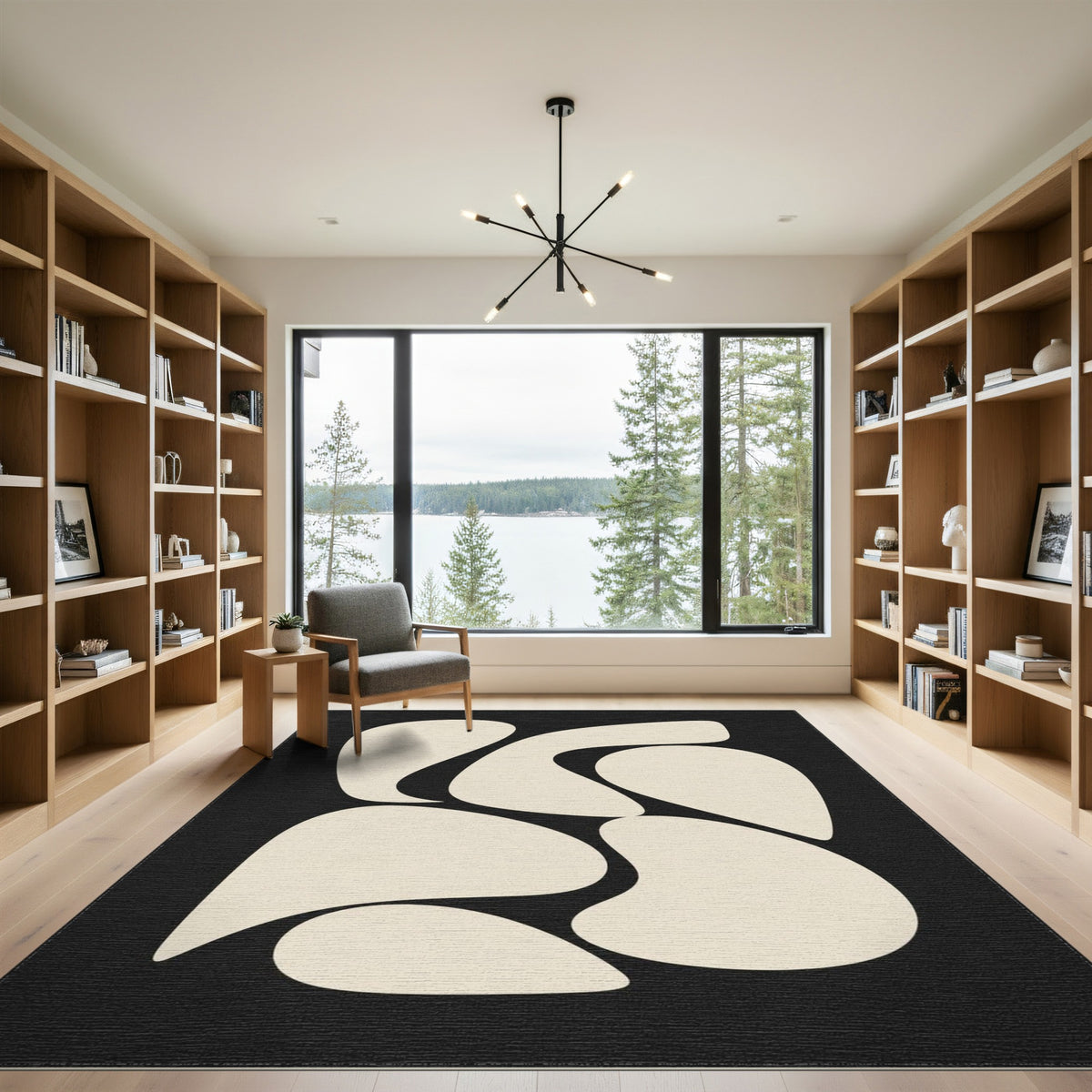 Black and White Abstract Organic Shapes Black White Area Rug