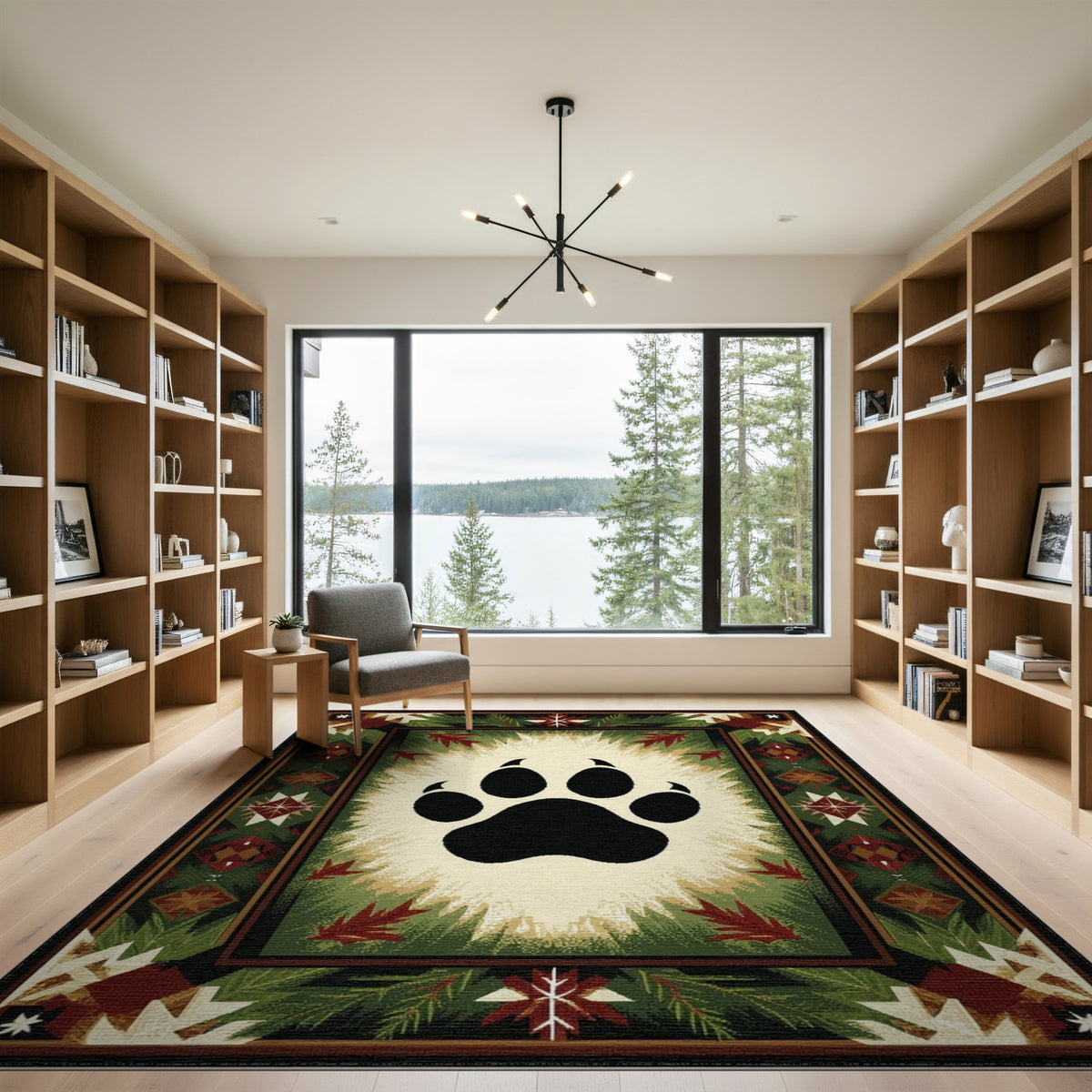 Bear Paw Print Green Rustic Area Rug