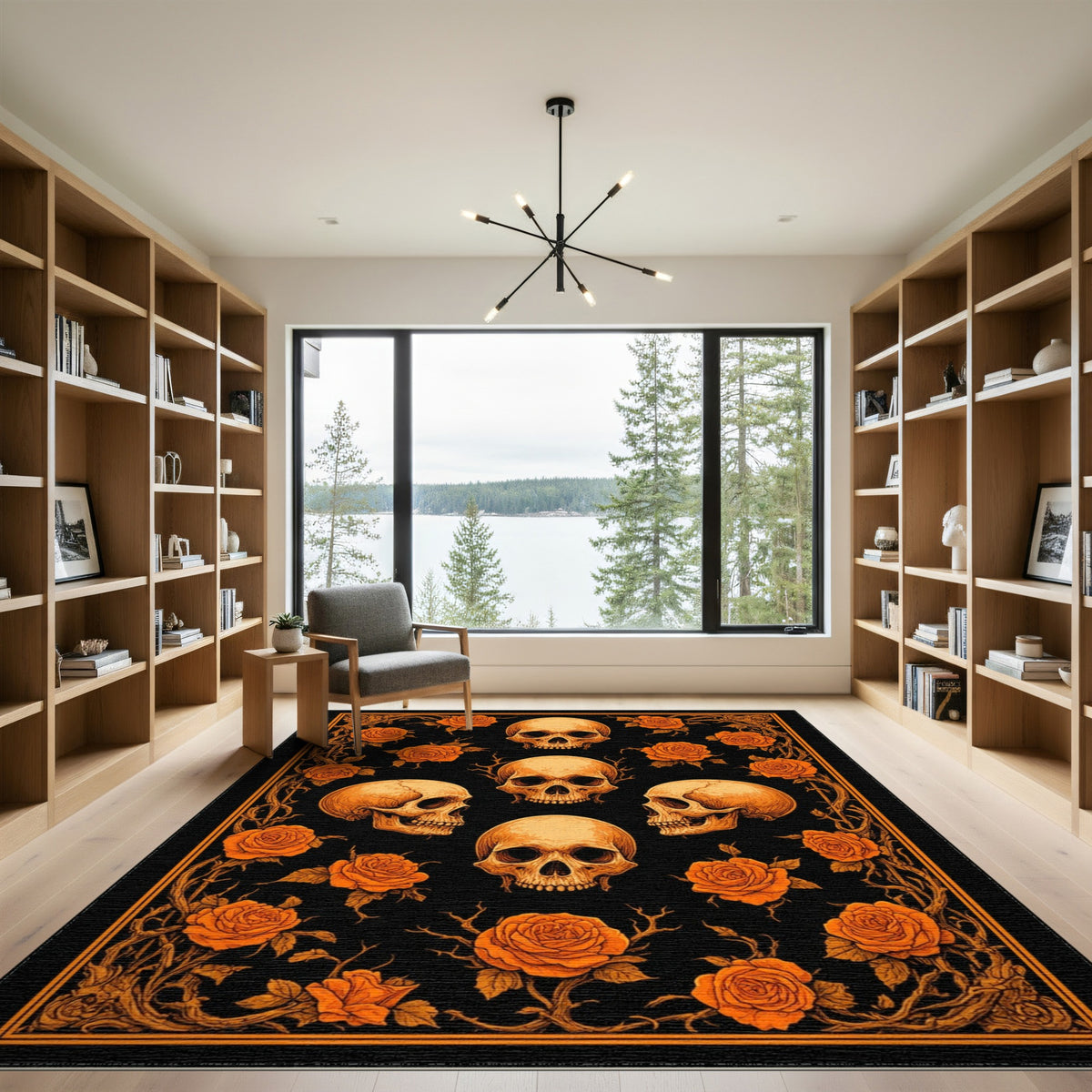 Orange Skull Rose Vintage Floral Rug