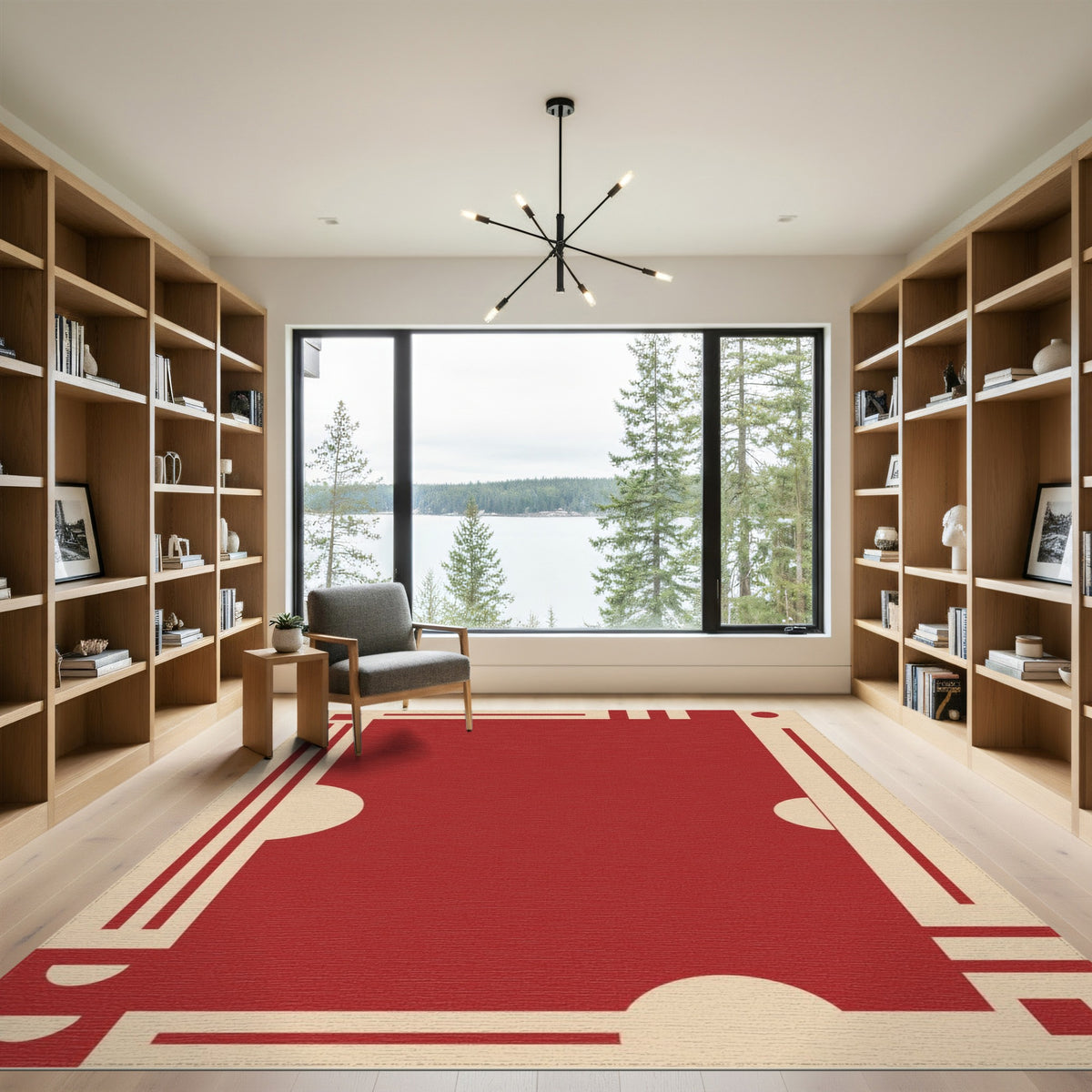 Red Geometric Area Rug with Cream Borders