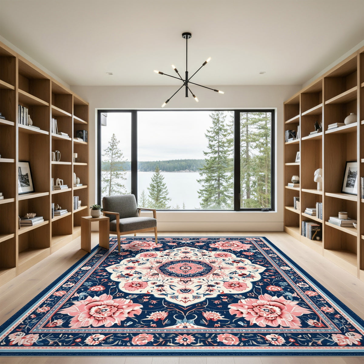 Navy Blue Pink Floral Medallion Area Rug