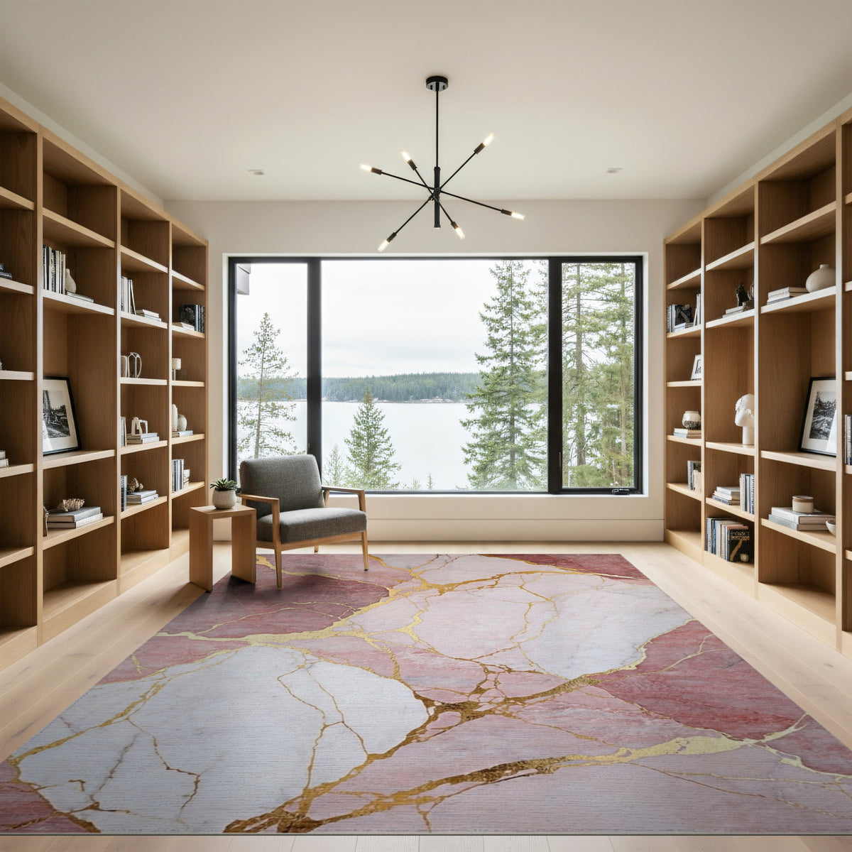 Abstract Area Pink Marble Gold Vein Area Rug