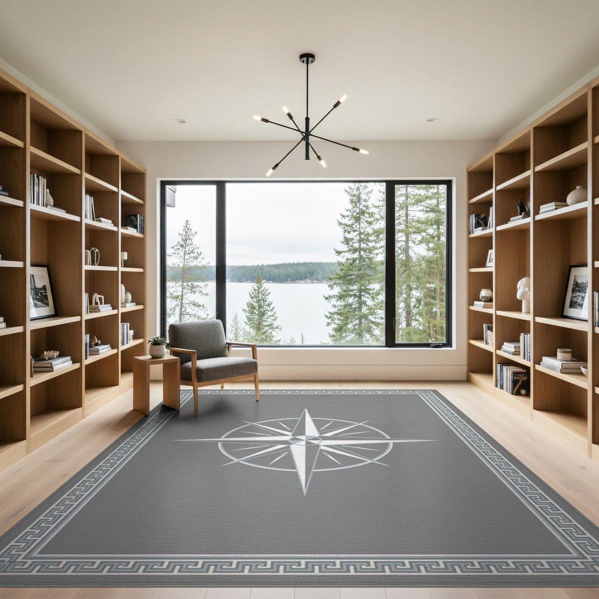Grey Compass Rose Geometric Area Rug