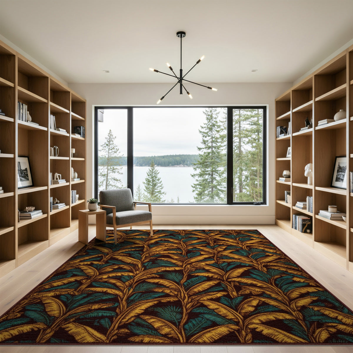 Gold Teal Leaf Boho Area Rug