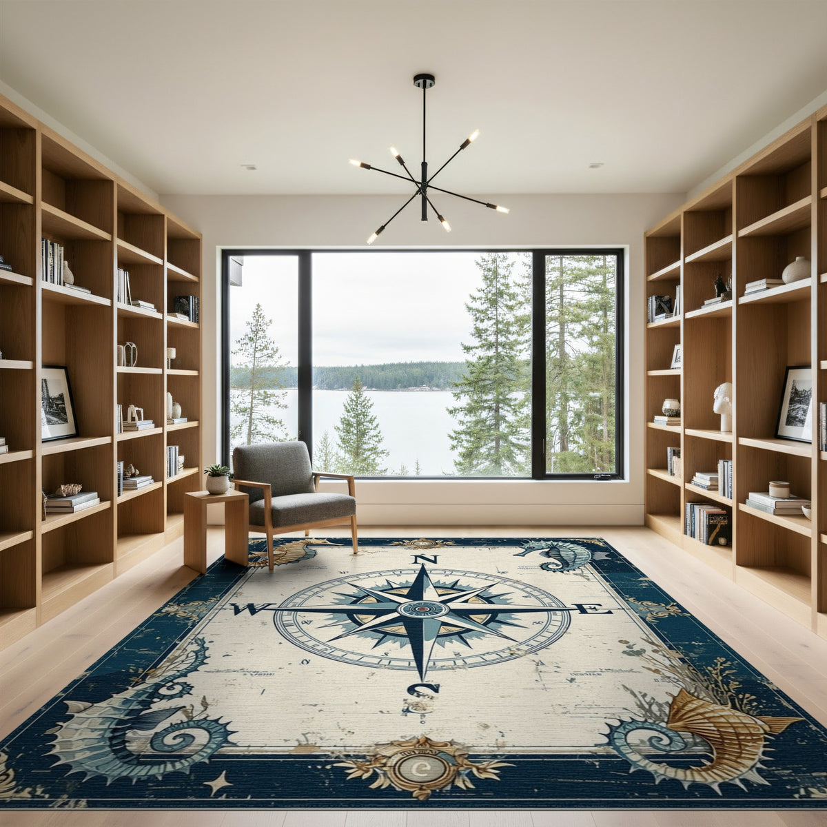 Vintage Compass Seahorse Blue Area Rug