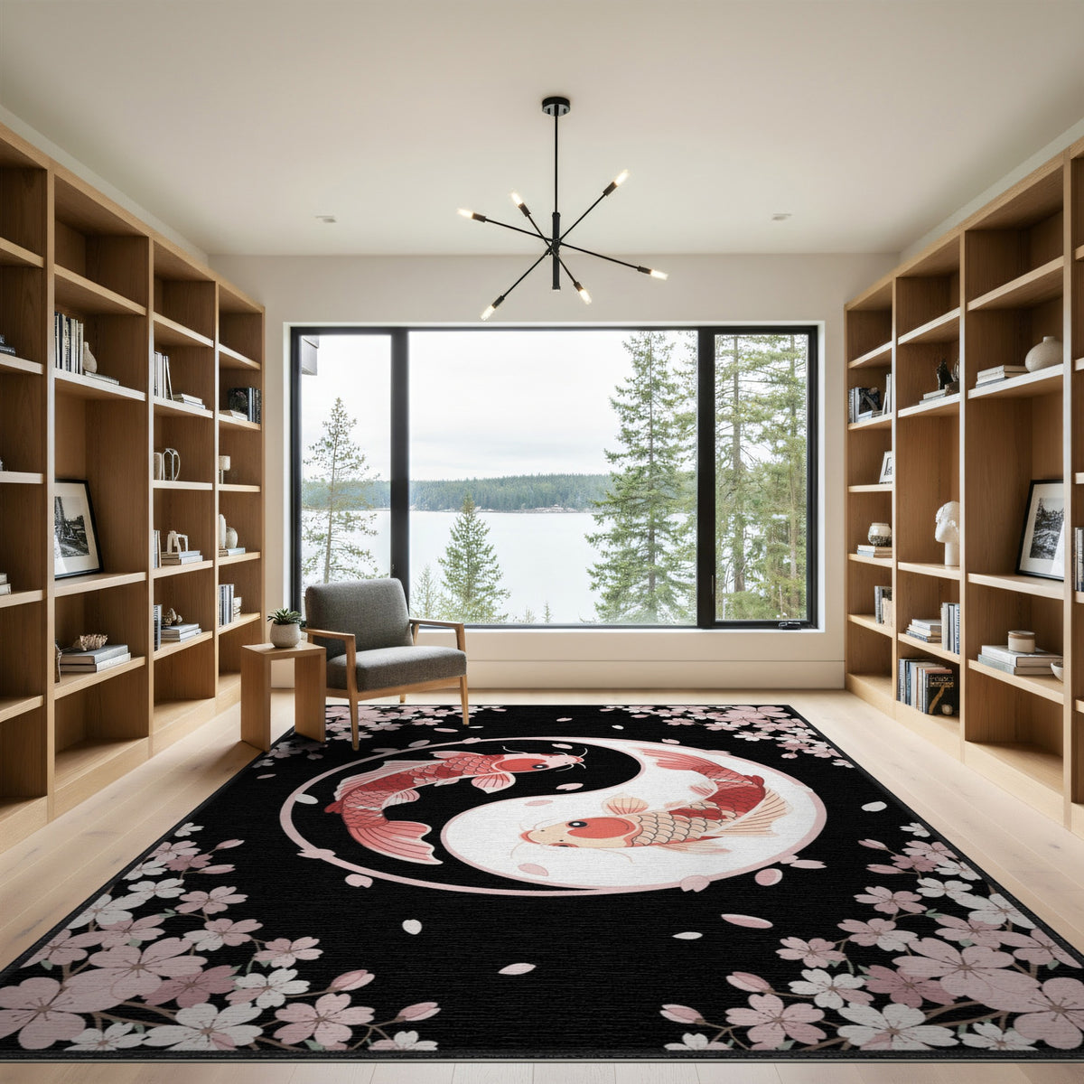 Pink Koi Yin-Yang Cherry Blossom Area Rug