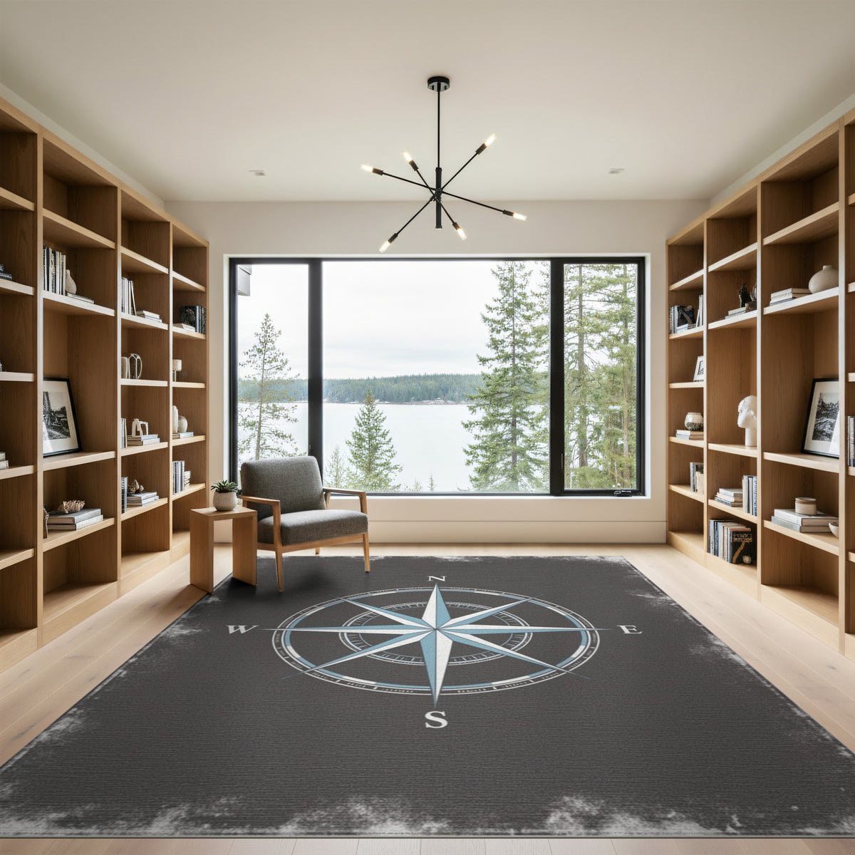 Blue Compass Rose Distressed Area Rug