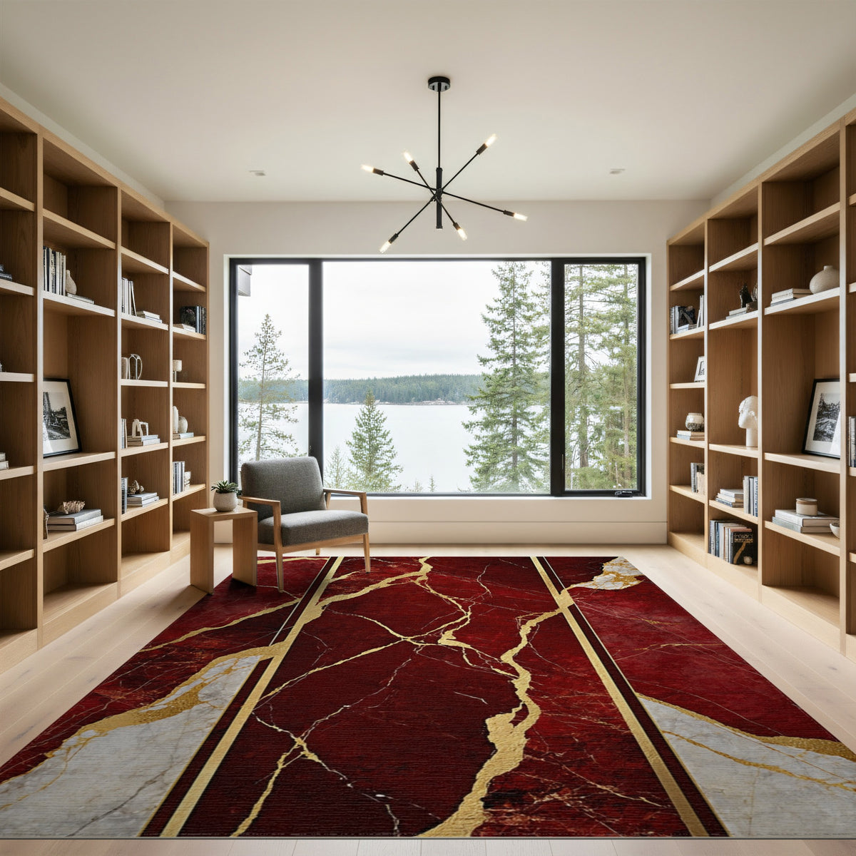Red Gold Marble Vein Area Rug