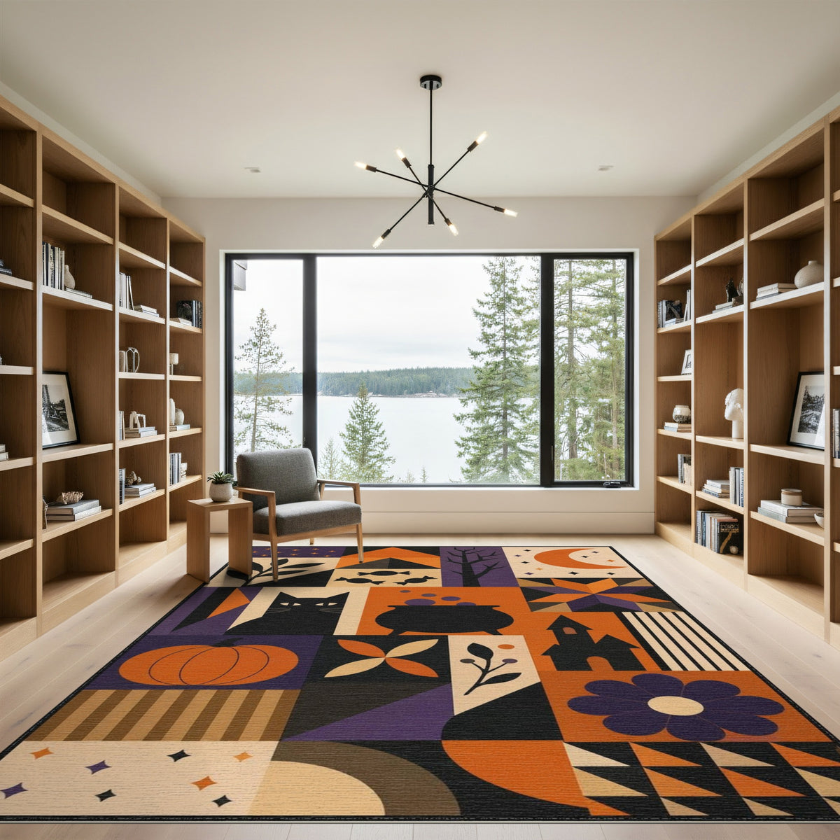 Halloween Geometric Black Cat Area Rug