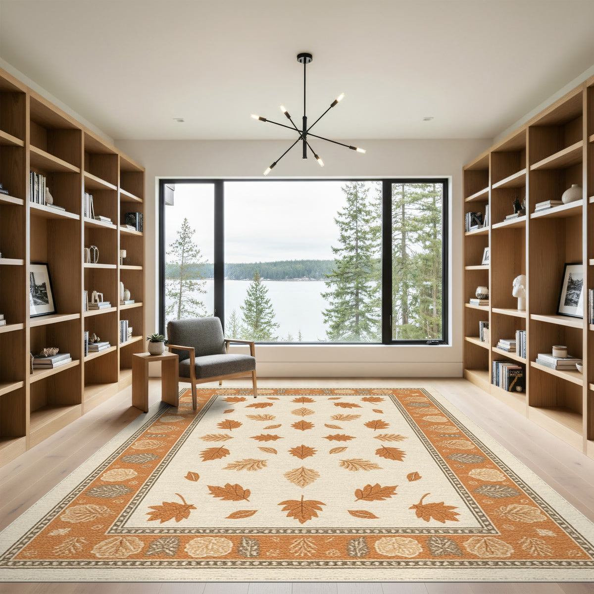 Beige Brown Leaf Border Area Rug
