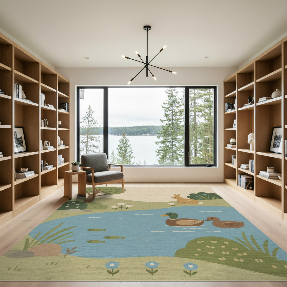 Whimsical Pond Duck Rabbit Kids Area Rug