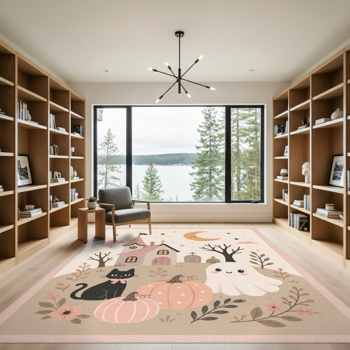 Beige and Neutral Whimsical Halloween Ghost Cat Area Rug